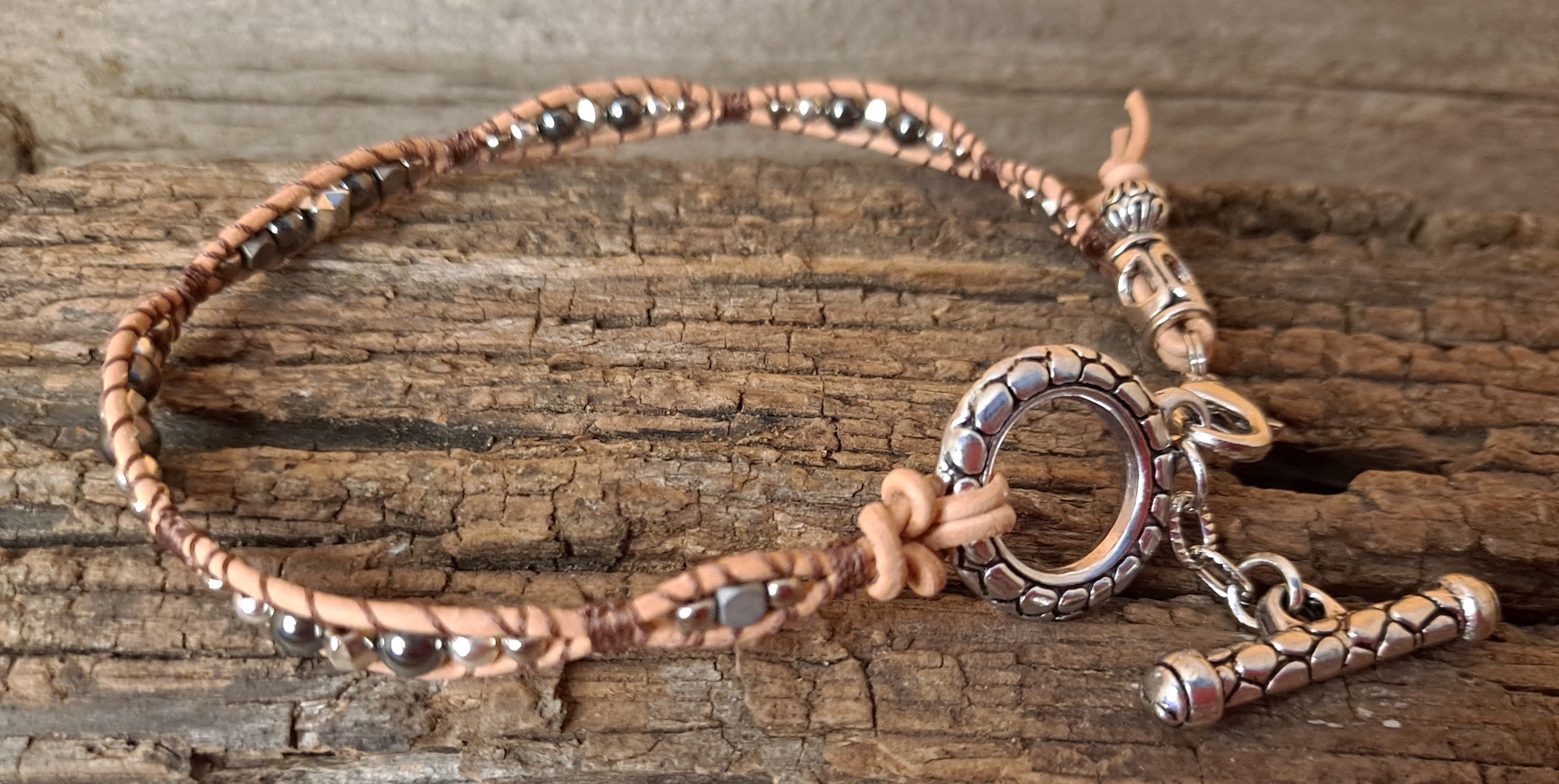 Anklet Handmade, Single Wrap Leather Anklet, Hematite Beads (C27)