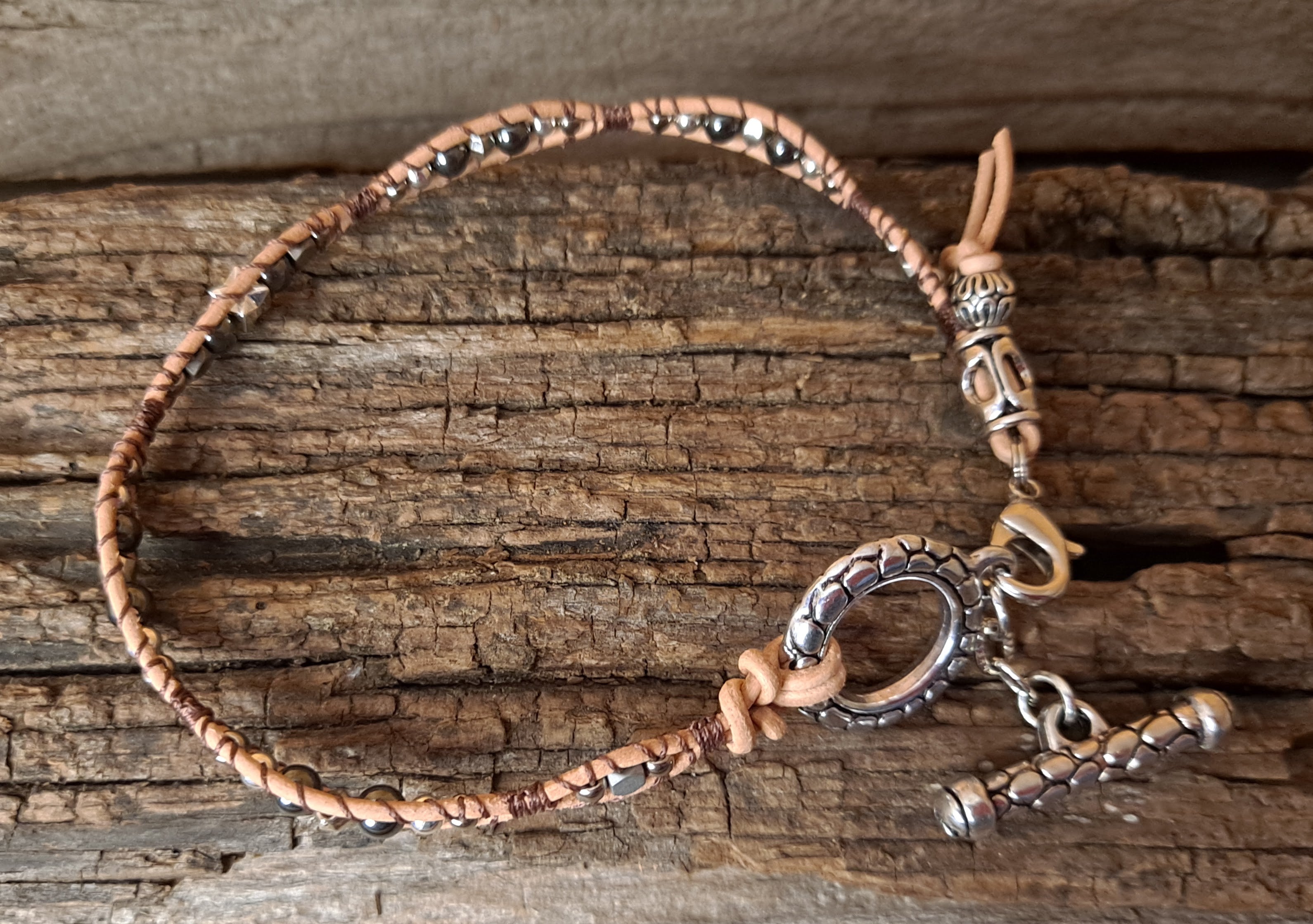 Anklet Handmade, Single Wrap Leather Anklet, Hematite Beads (C27)