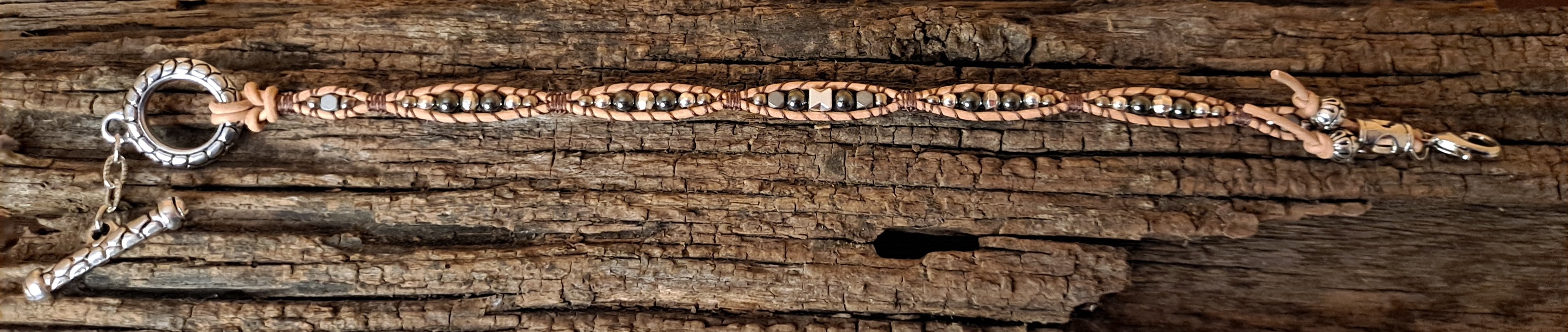 Anklet Handmade, Single Wrap Leather Anklet, Hematite Beads (C27)