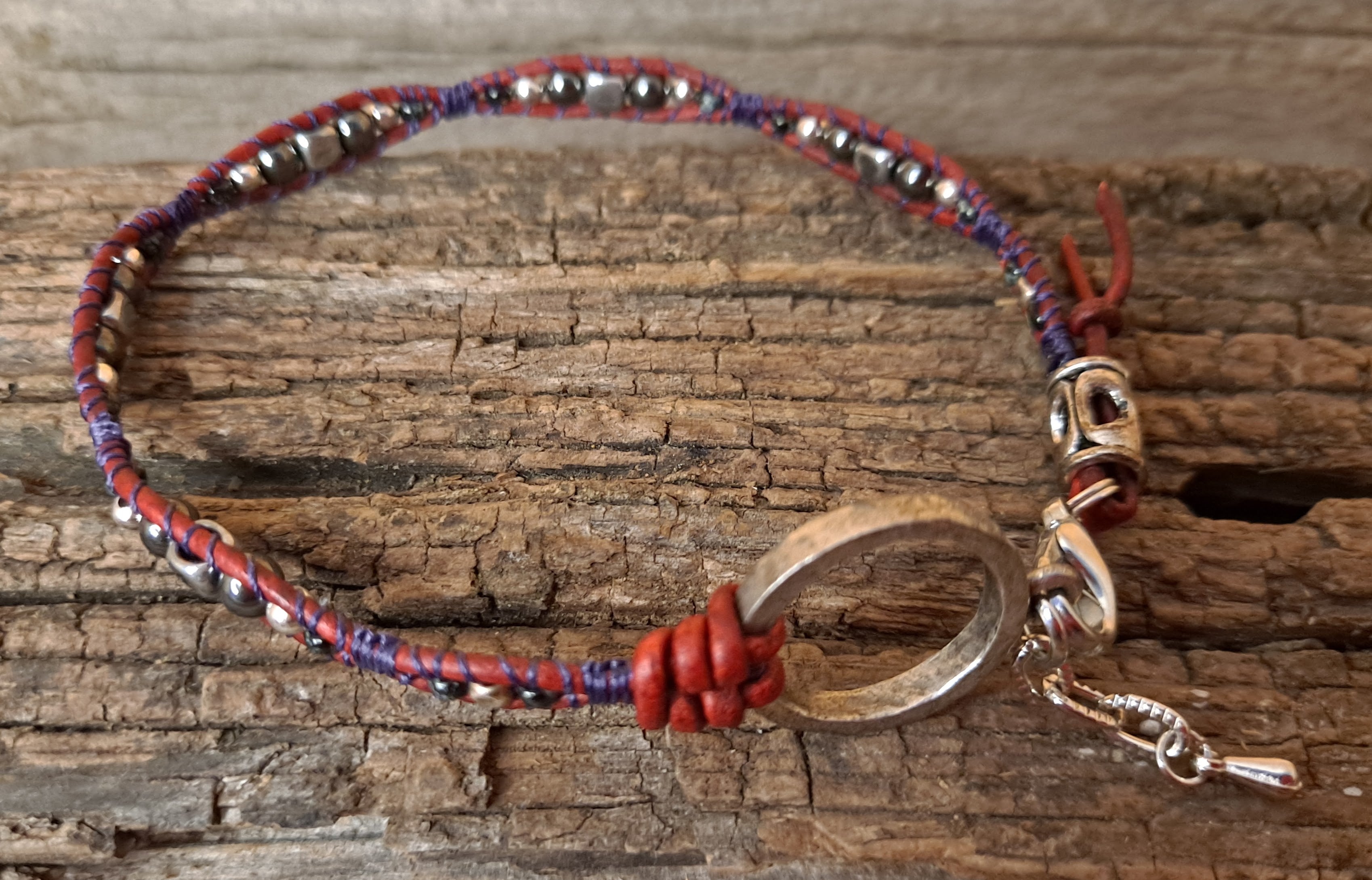 Anklet Handmade, Single Wrap Leather Anklet, Hematite Beads (C54)
