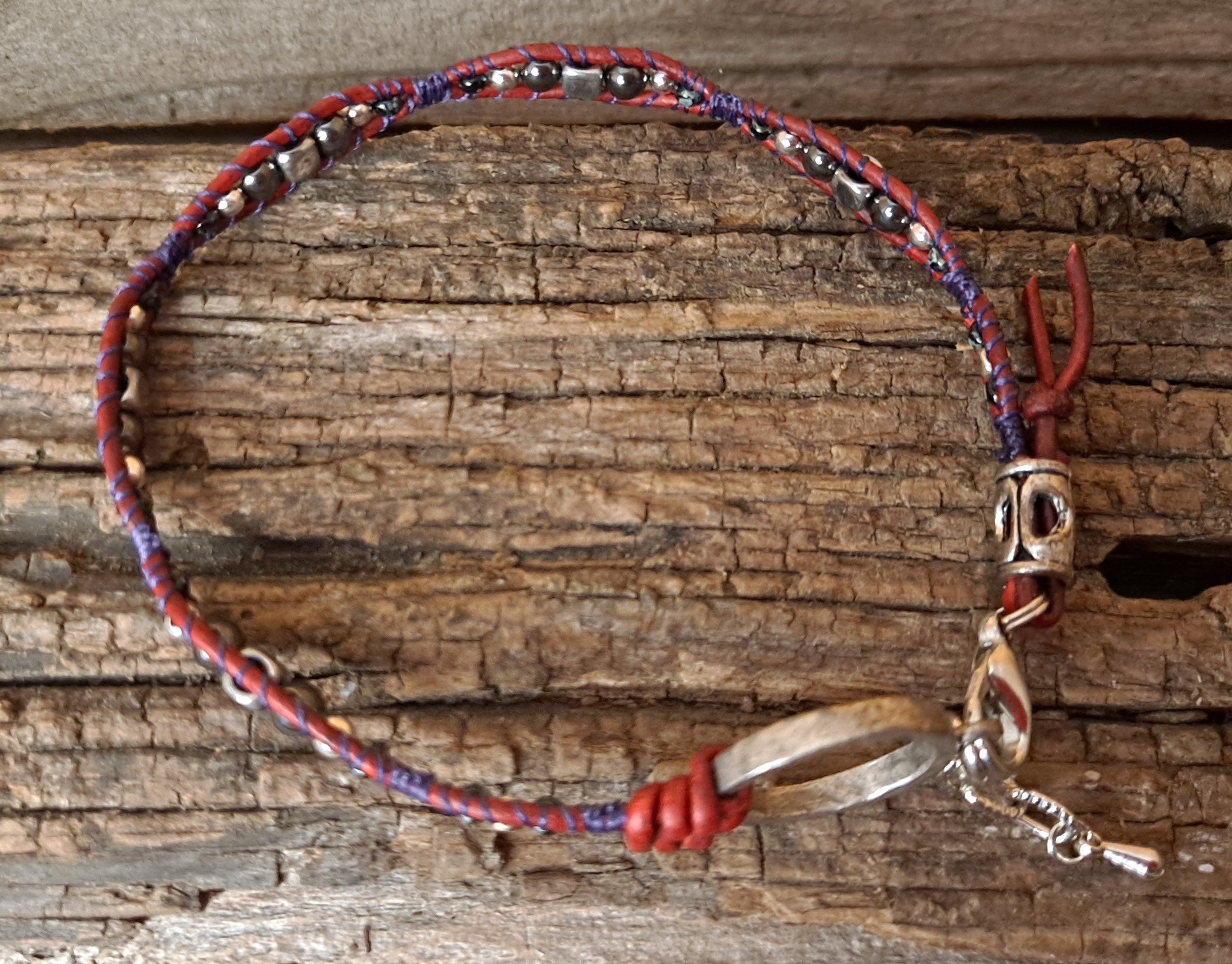 Anklet Handmade, Single Wrap Leather Anklet, Hematite Beads (C54)
