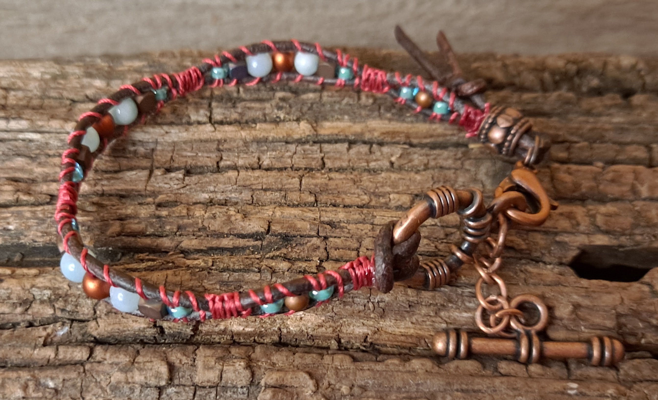 Bracelet Handmade, Single Wrap Leather Bracelet, Amazonite Beads (J20)
