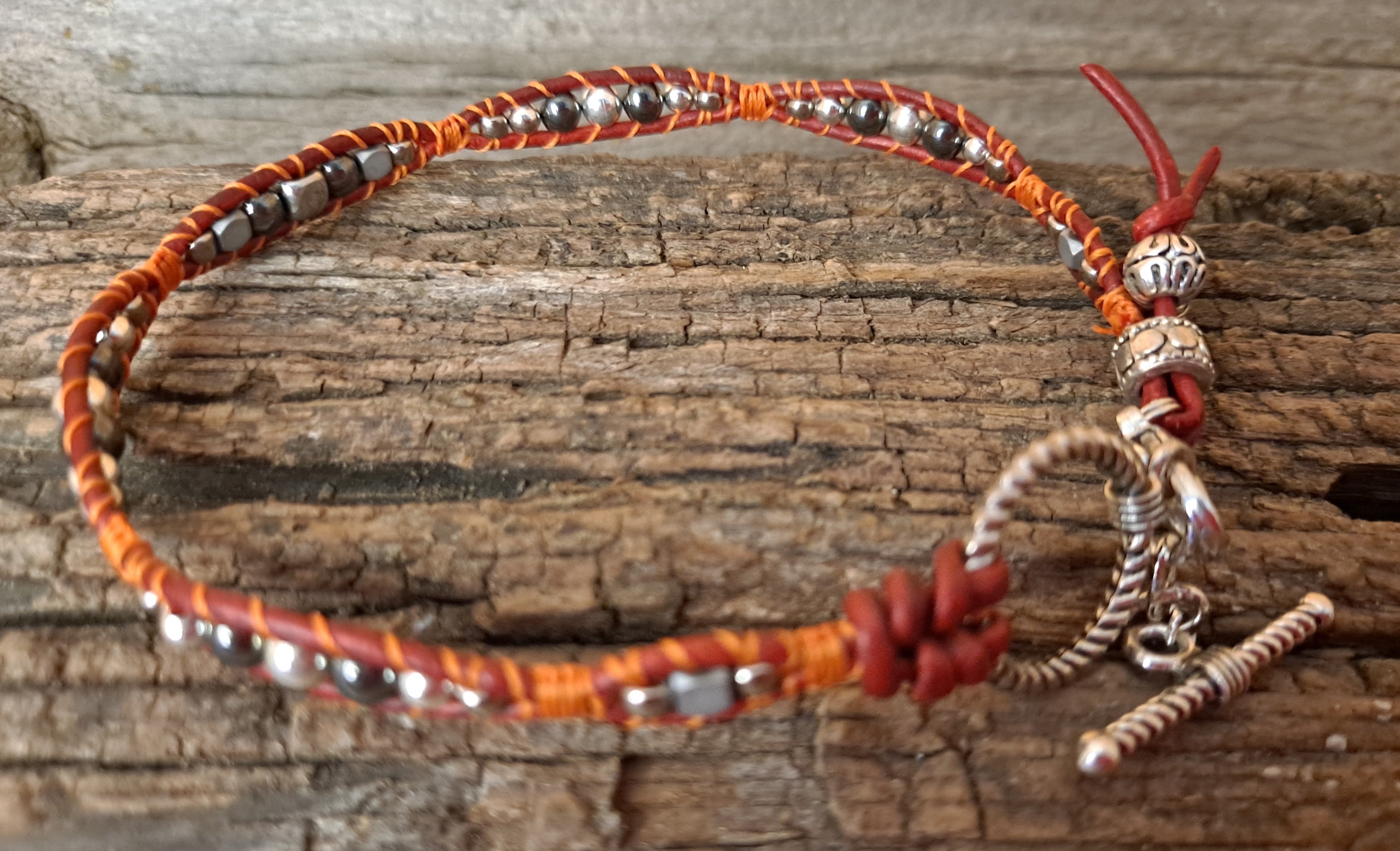 Anklet Handmade, Single Wrap Leather Anklet, Hematite Beads (D42)
