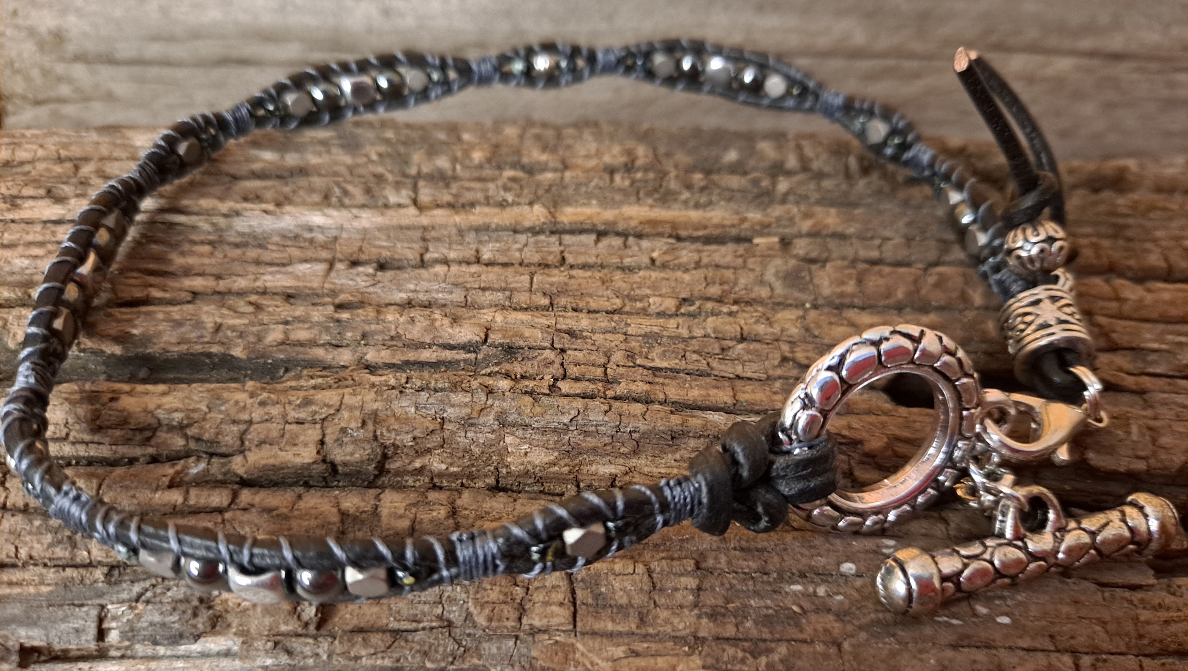 Anklet Handmade, Single Wrap Leather Anklet, Hematite Beads (D19)