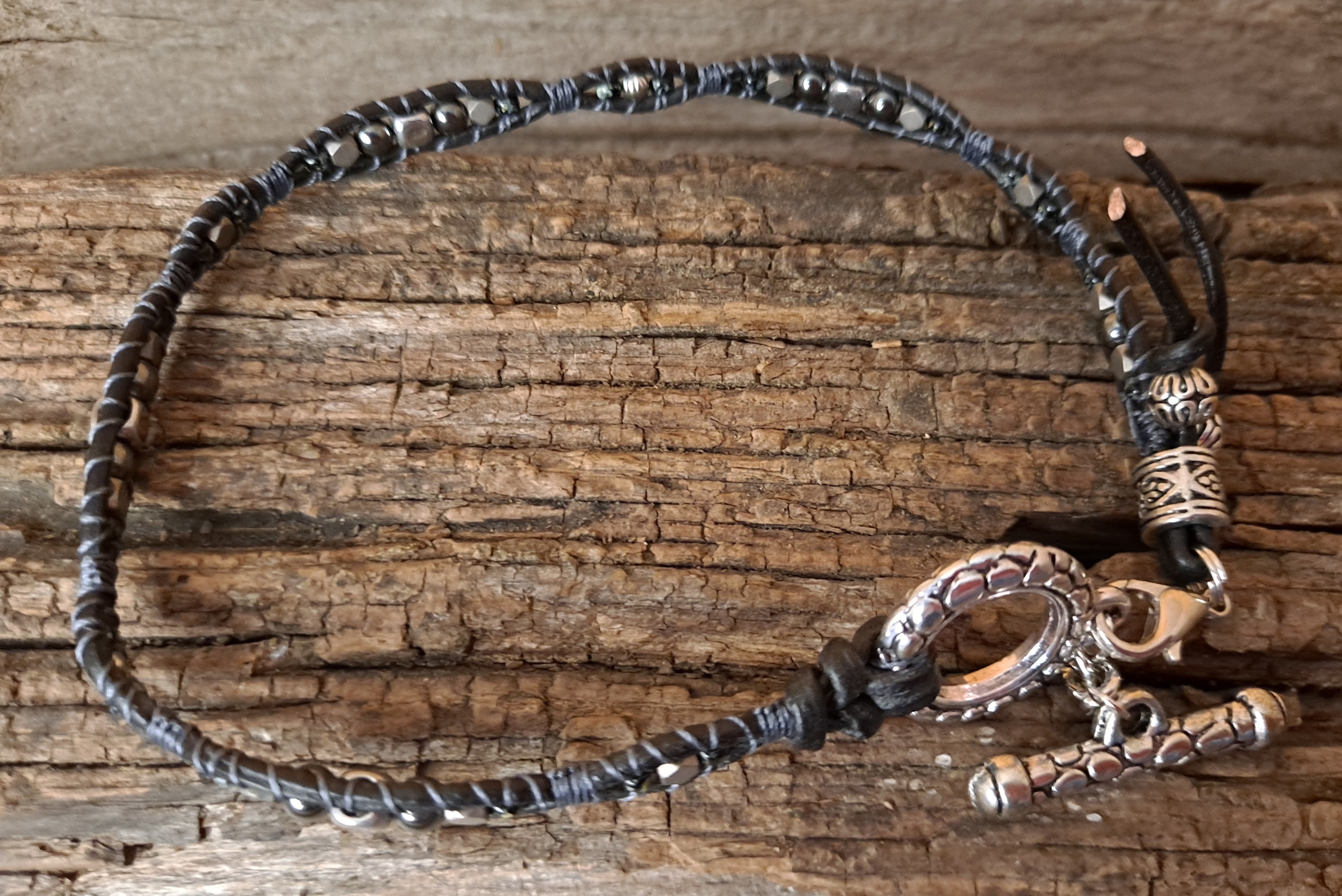 Anklet Handmade, Single Wrap Leather Anklet, Hematite Beads (D19)