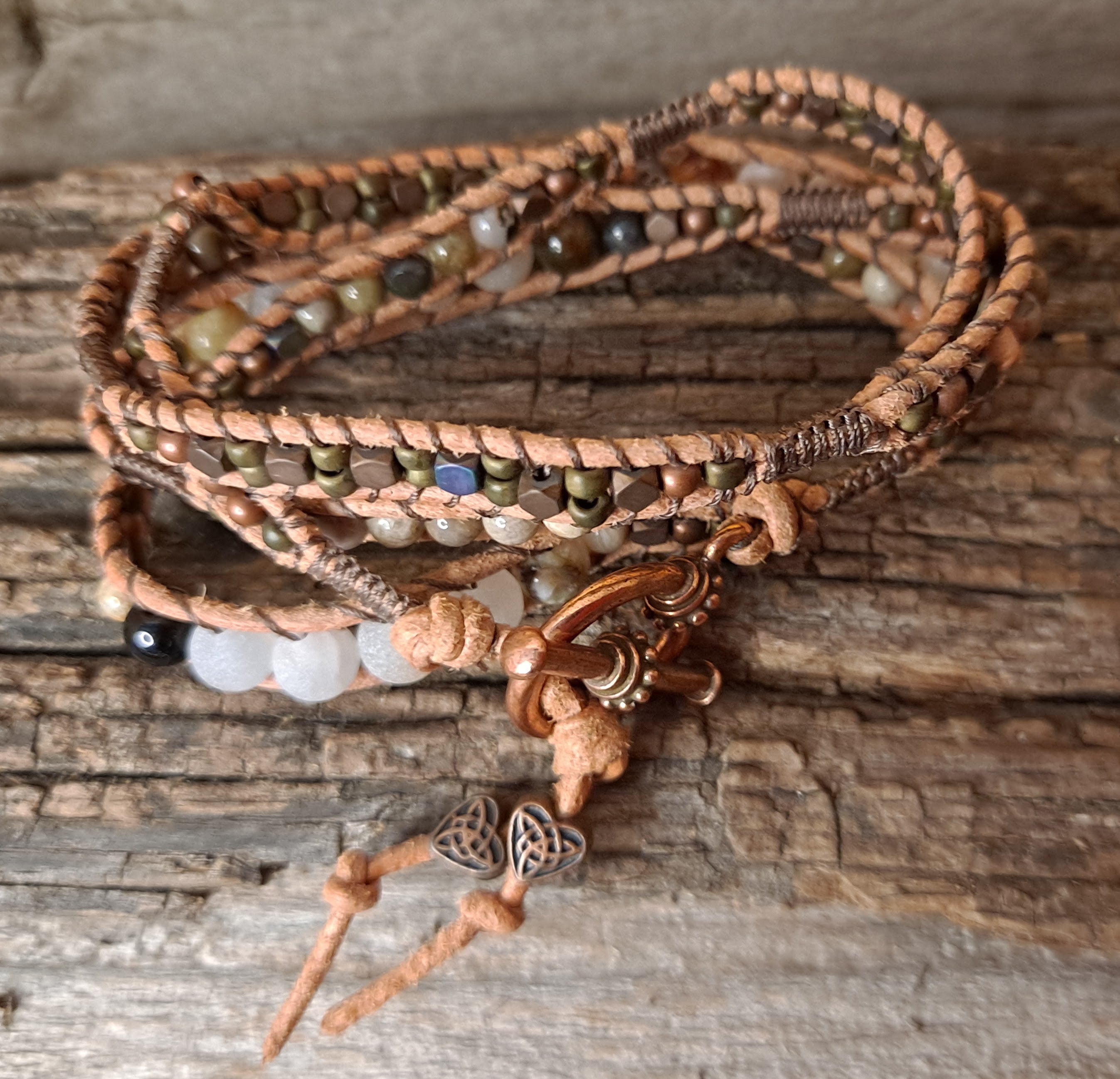 Bracelet Handmade, 4-Wrap Leather Bracelet, Agate, Jade, & Rhyolite Beads (H02)