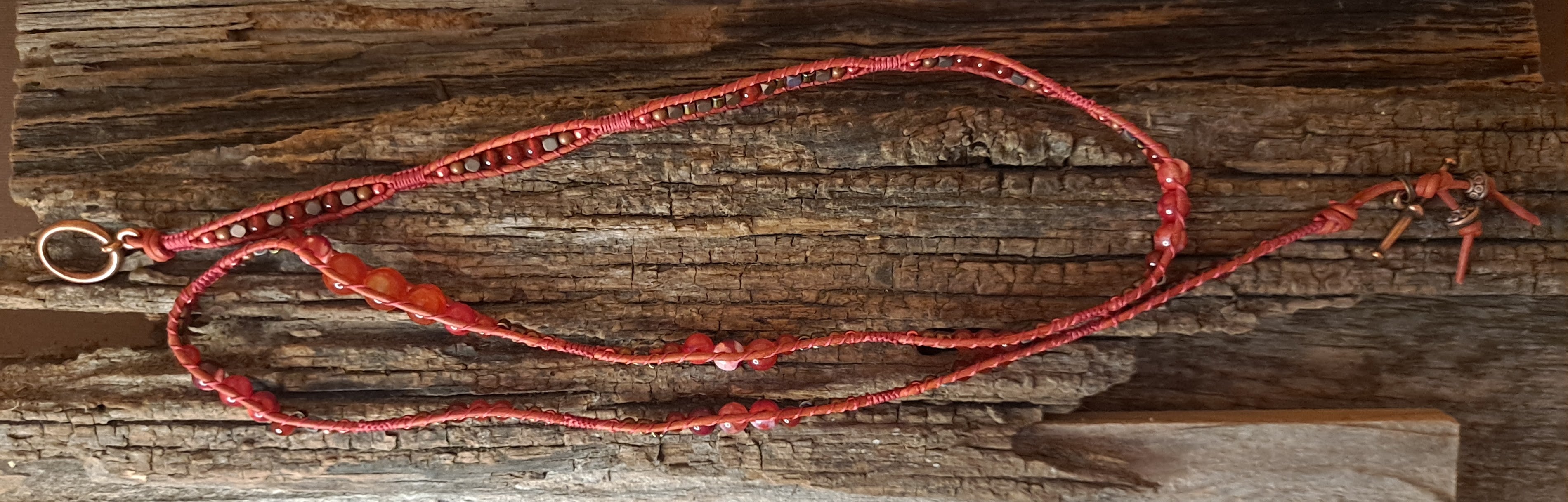 Bracelet Handmade, 4-Wrap Leather Bracelet, Carnelian Beads (H04)