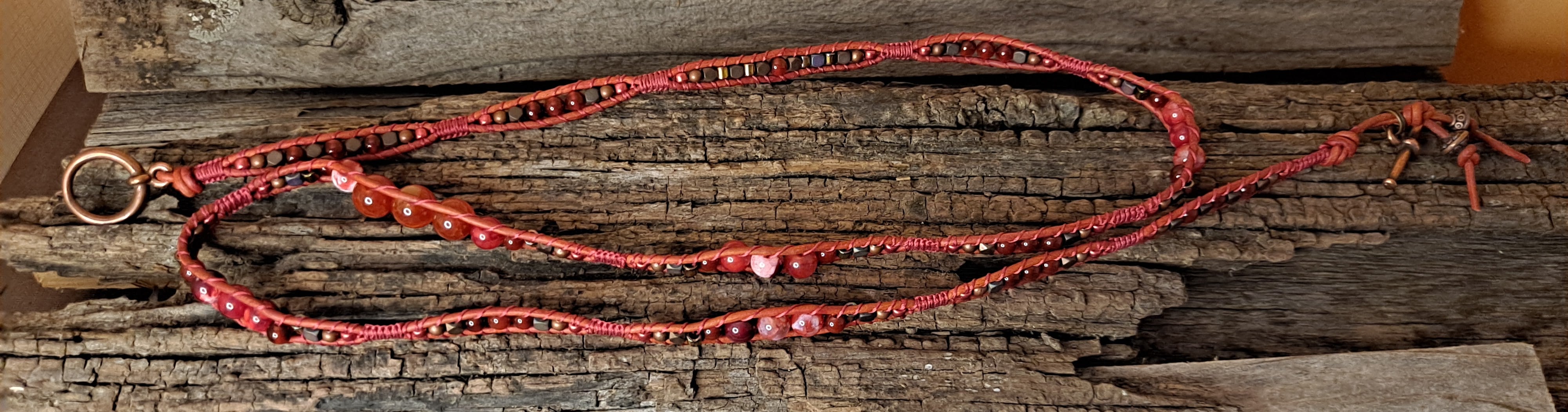 Bracelet Handmade, 4-Wrap Leather Bracelet, Carnelian Beads (H04)