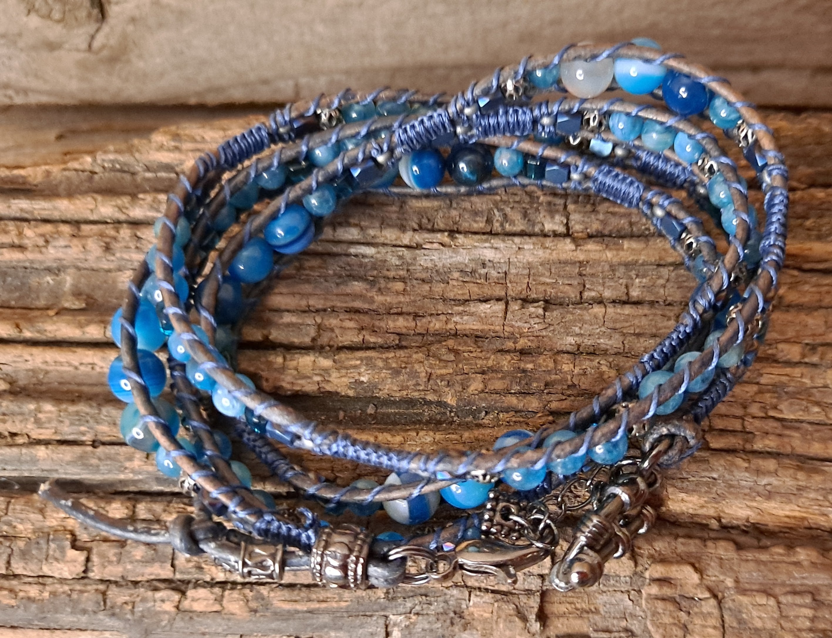 Bracelet Handmade, 4-Wrap Leather Bracelet, Agate Beads (H06)