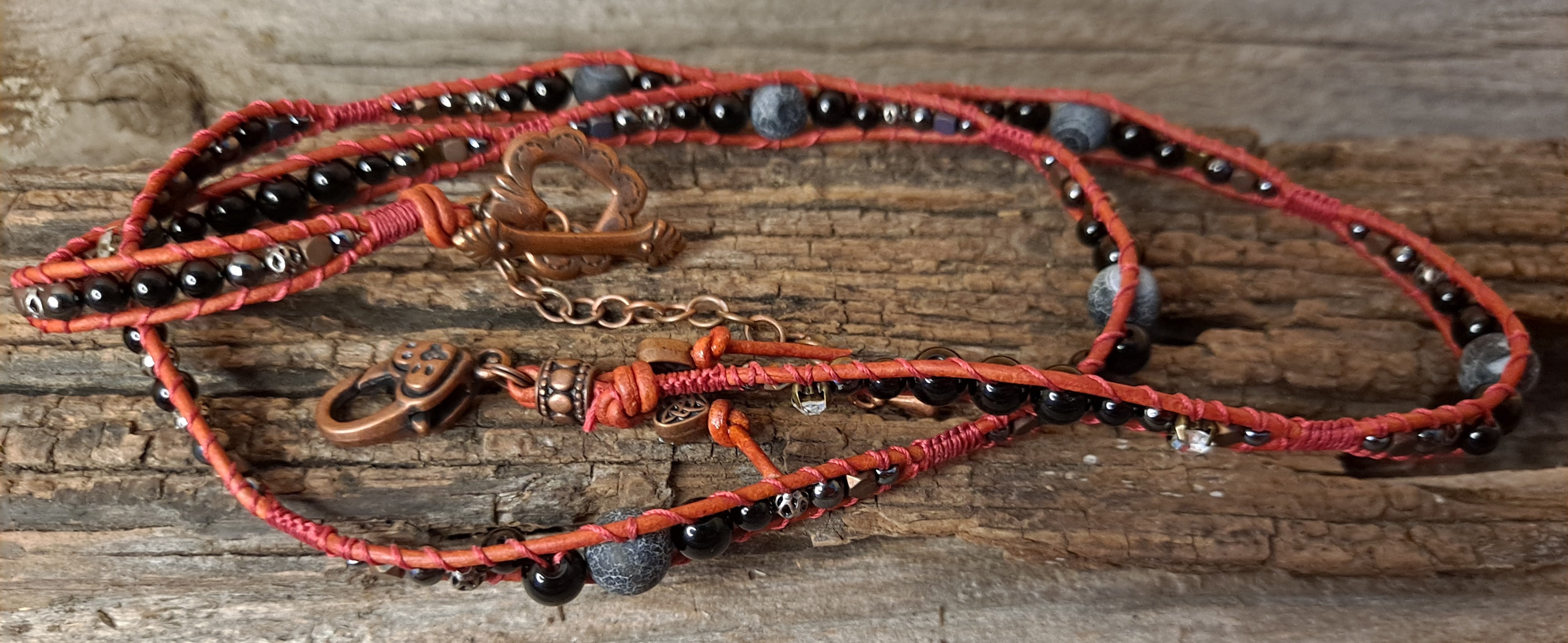 Bracelet Handmade, 4-Wrap Leather Bracelet, Onyx, Jasper, & Stone Beads (E07)