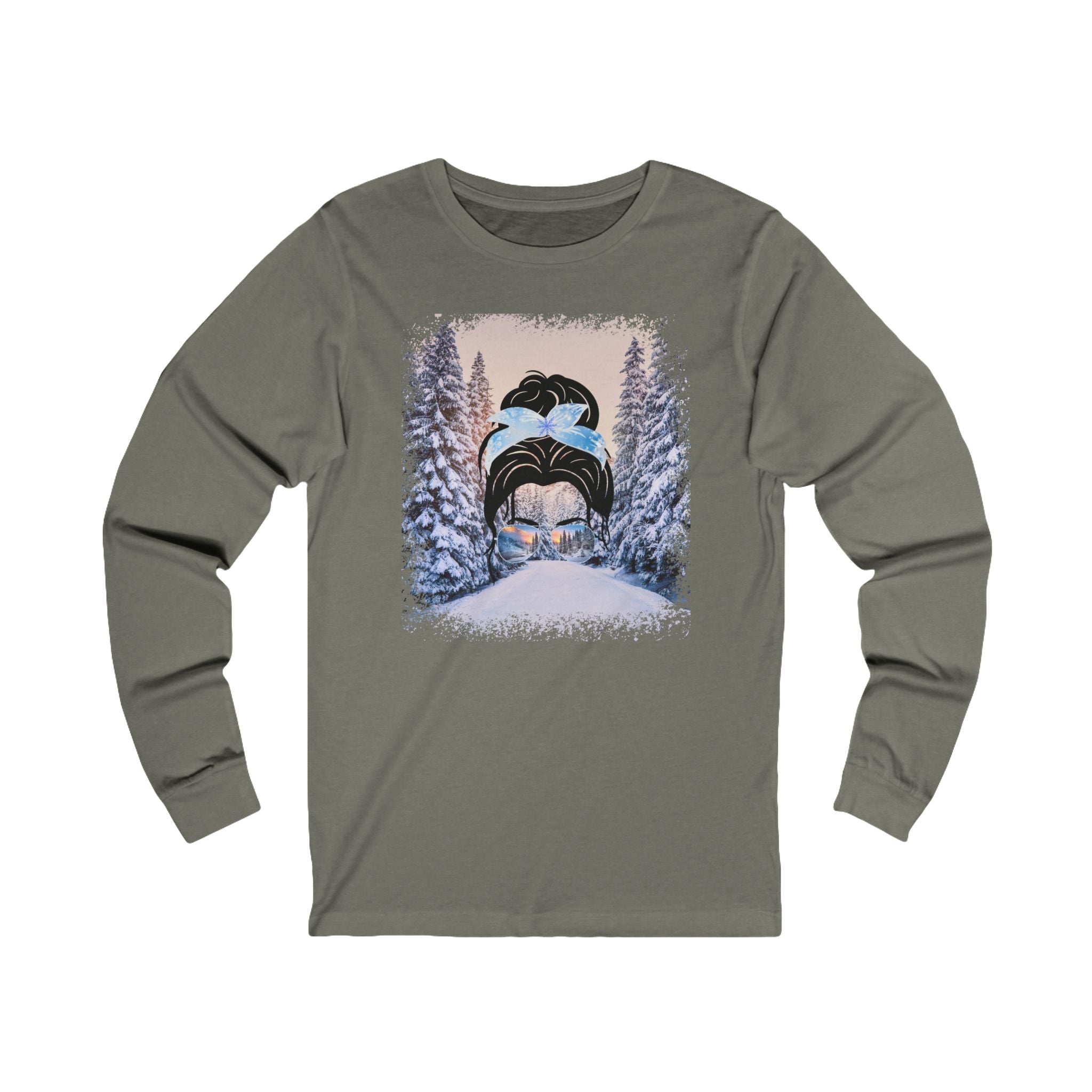 Winter Trail, Dark Hair Messy Bun, Unisex Jersey Long Sleeve Tee