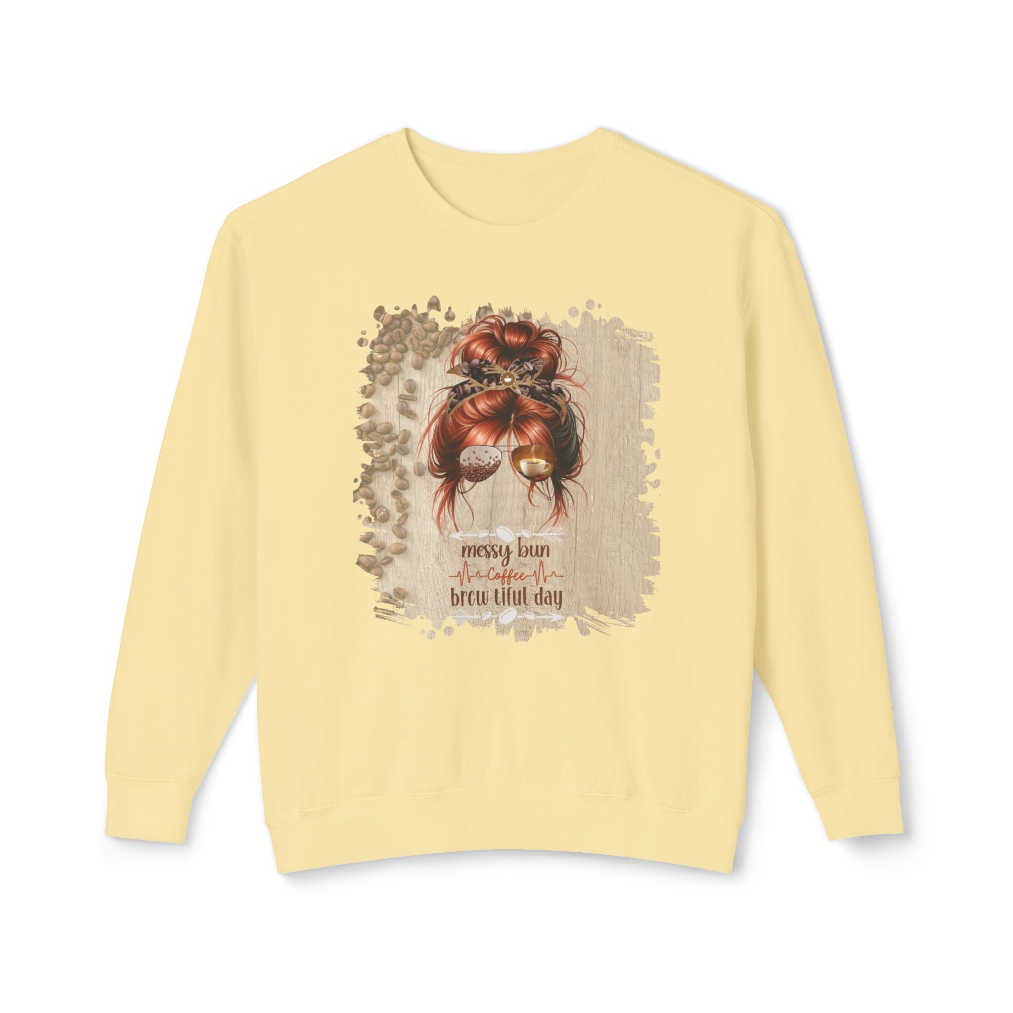 Coffee Heartbeat, Coffee Beans Table, Red Hair Messy Bun, Unisex Lightweight Crewneck Sweatshirt