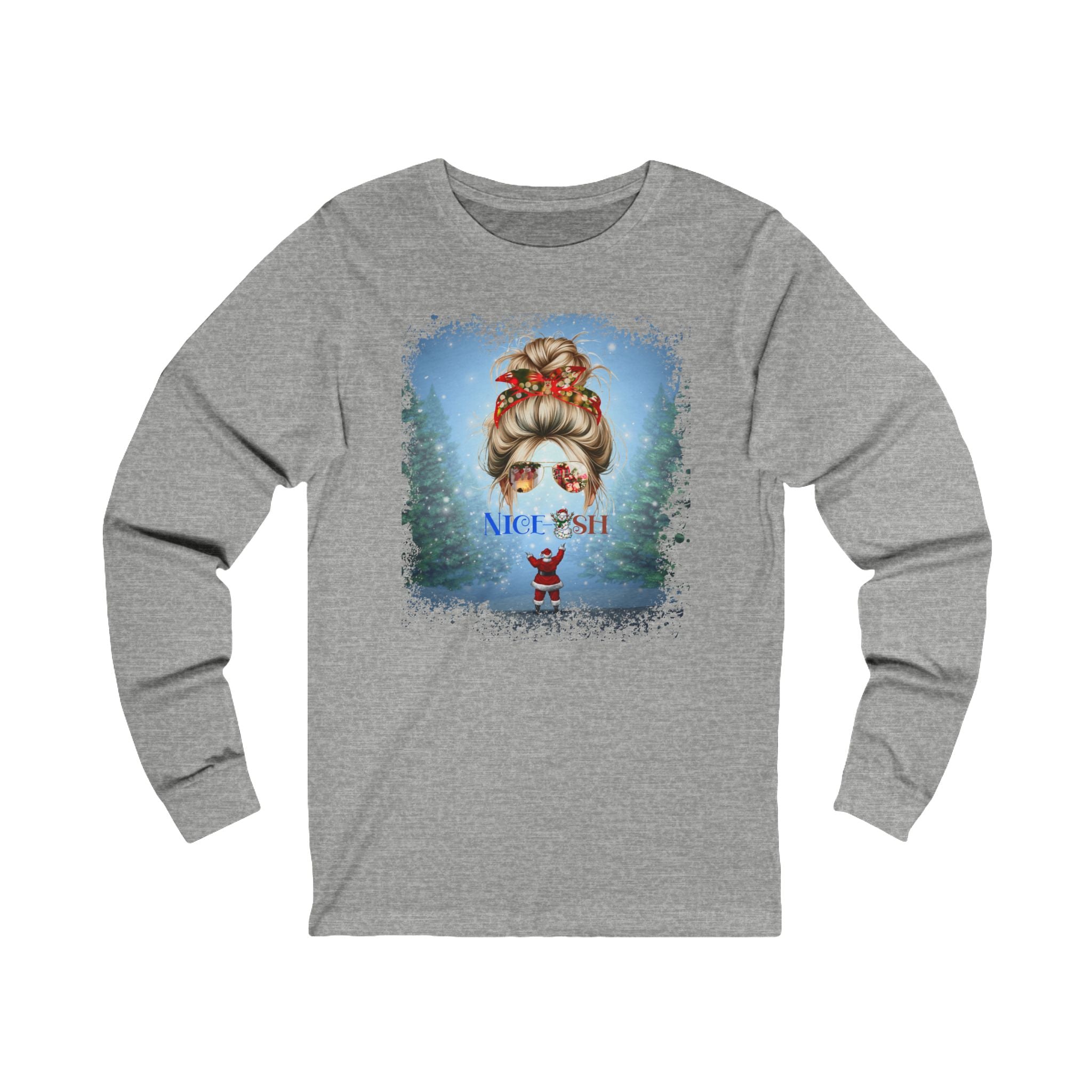 Nice-ish Santa, Blond Hair Messy Bun, Unisex Jersey Long Sleeve Tee