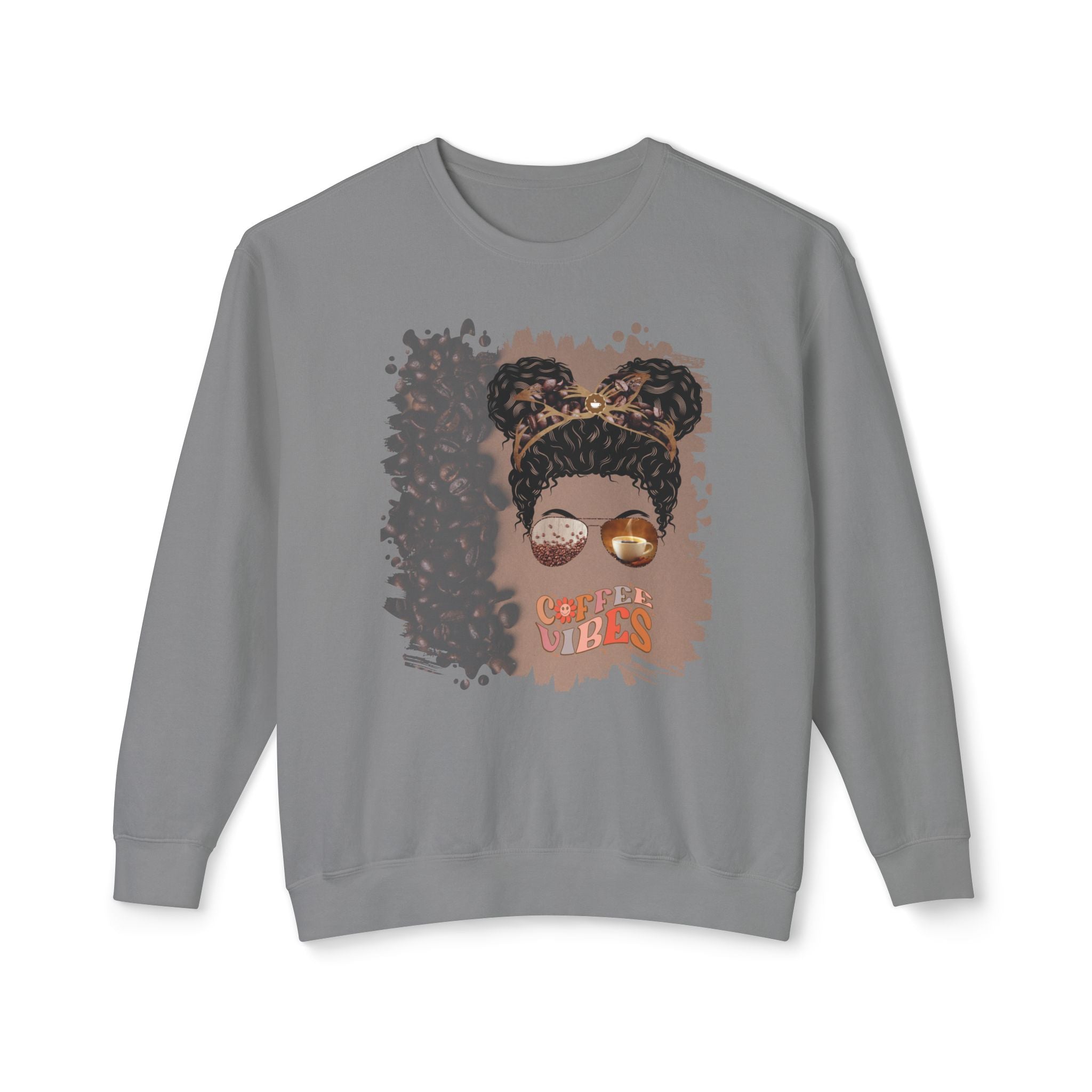 Coffee Vibes, Coffee Beans Shade, Black Hair Messy Bun, Unisex Lightweight Crewneck Sweatshirt