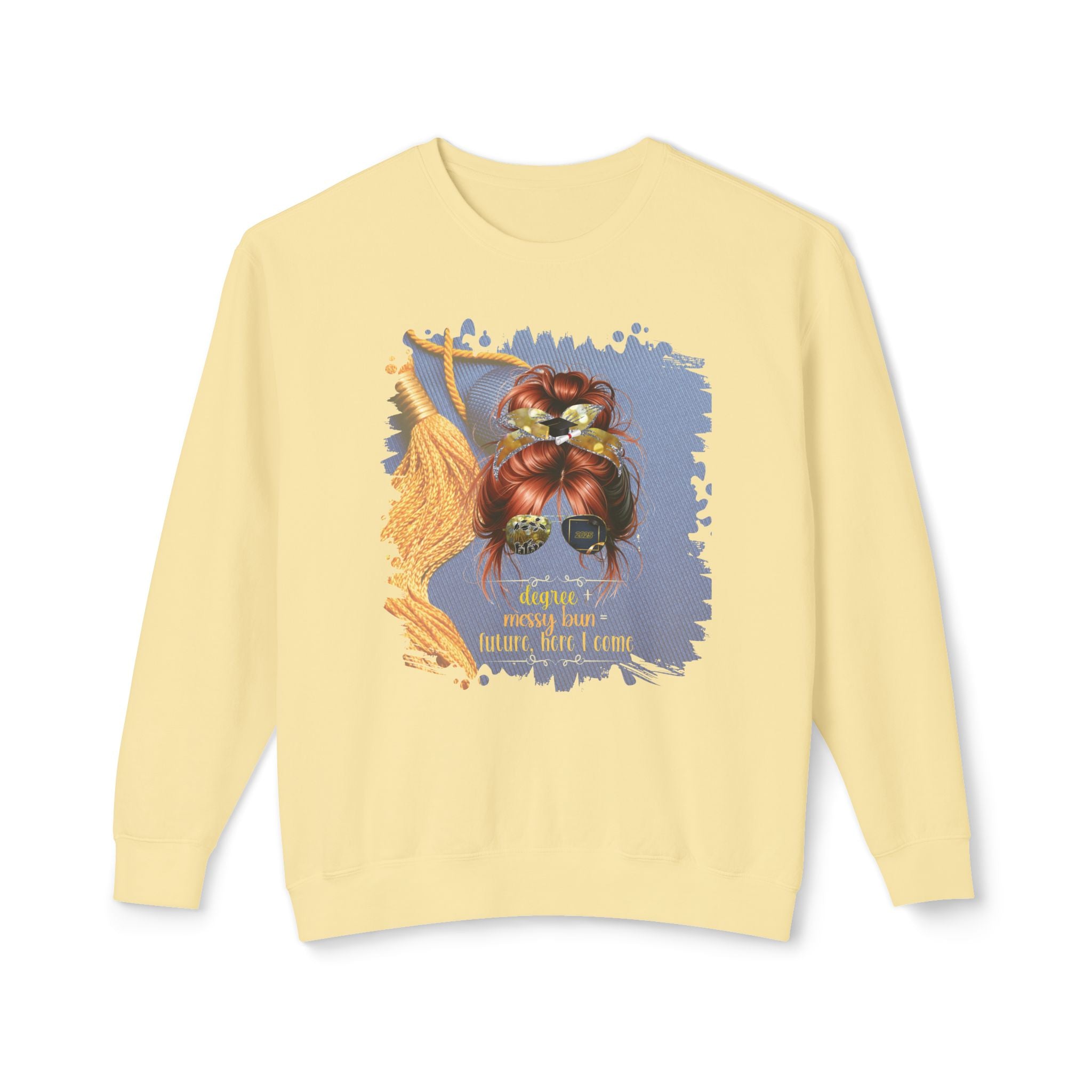 Degree + Messy Bun, Graduation Cap, Red Hair Messy Bun, Unisex Lightweight Crewneck Sweatshirt