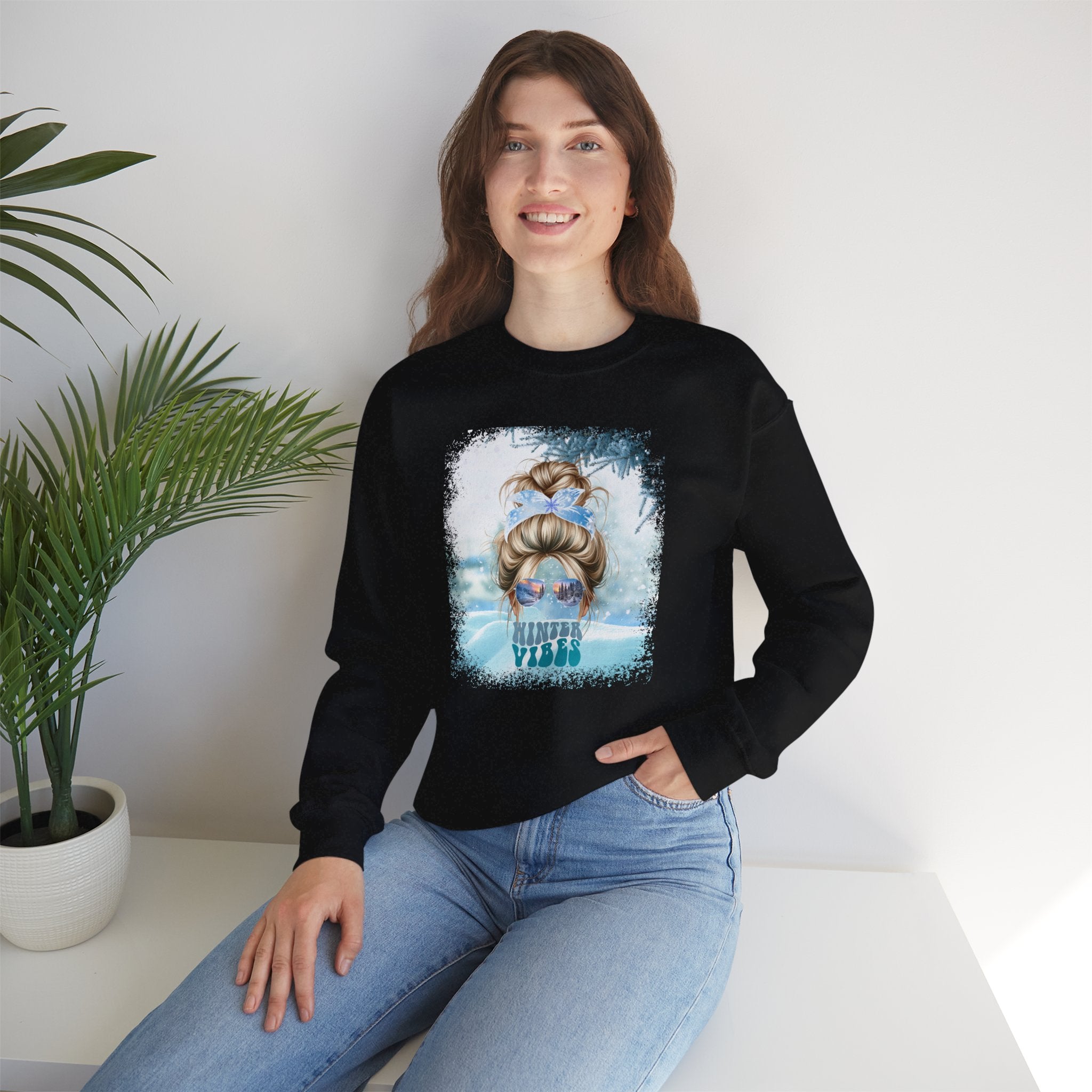 Winter Vibes Snow, Blond Hair Messy Bun, Unisex Heavy Blend™ Crewneck Sweatshirt