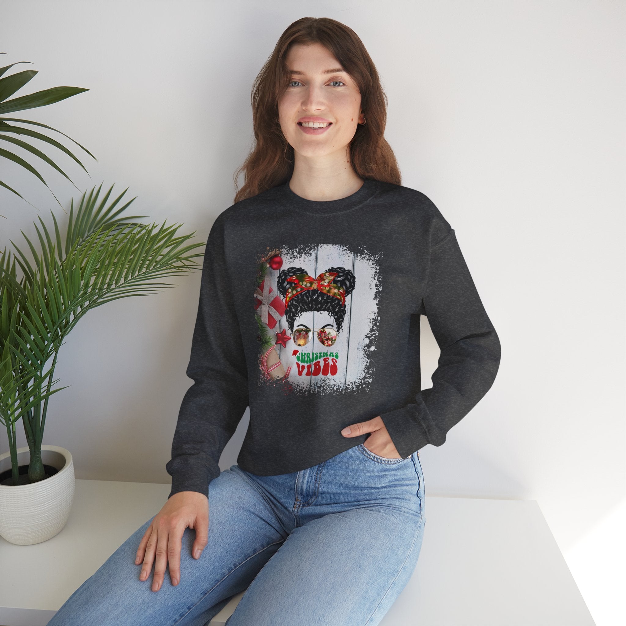 Christmas Vibes Christmas Presents, Black Hair Messy Bun, Unisex Heavy Blend™ Crewneck Sweatshirt