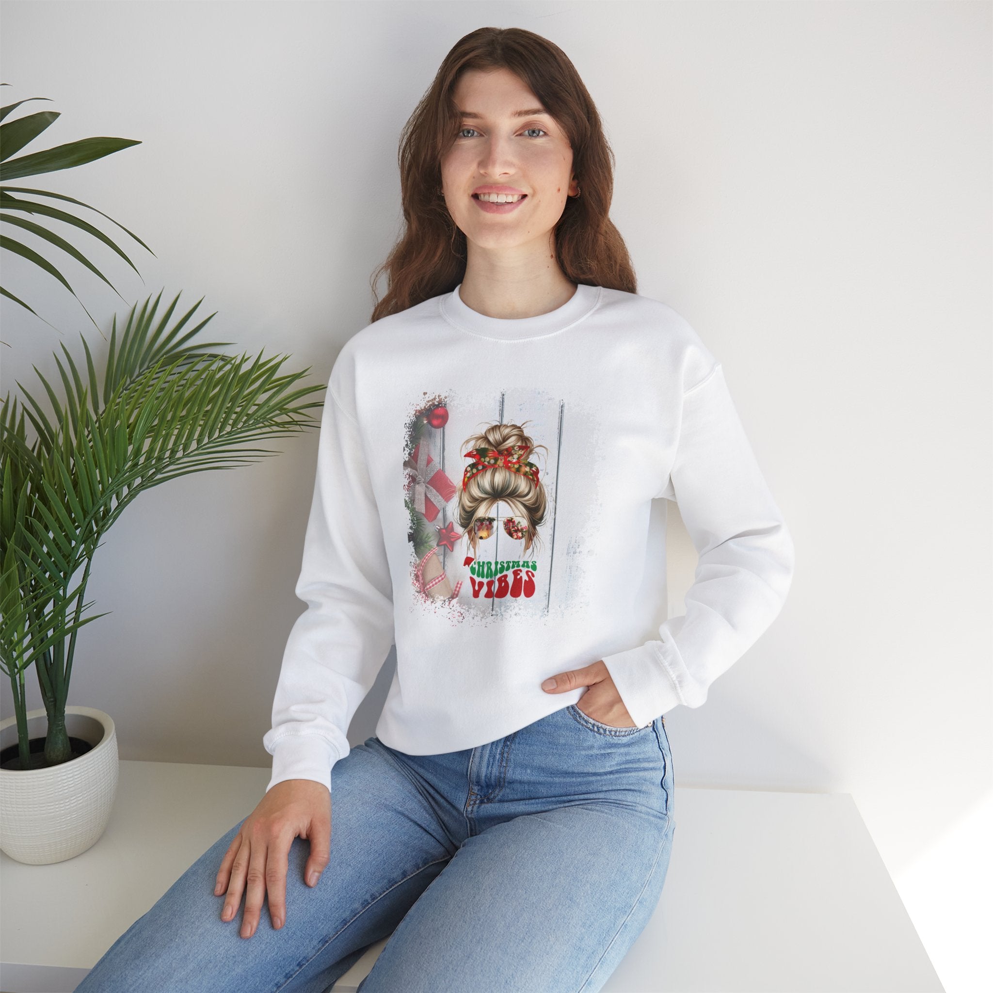 Christmas Vibes Christmas Presents, Blond Hair Messy Bun, Unisex Heavy Blend™ Crewneck Sweatshirt