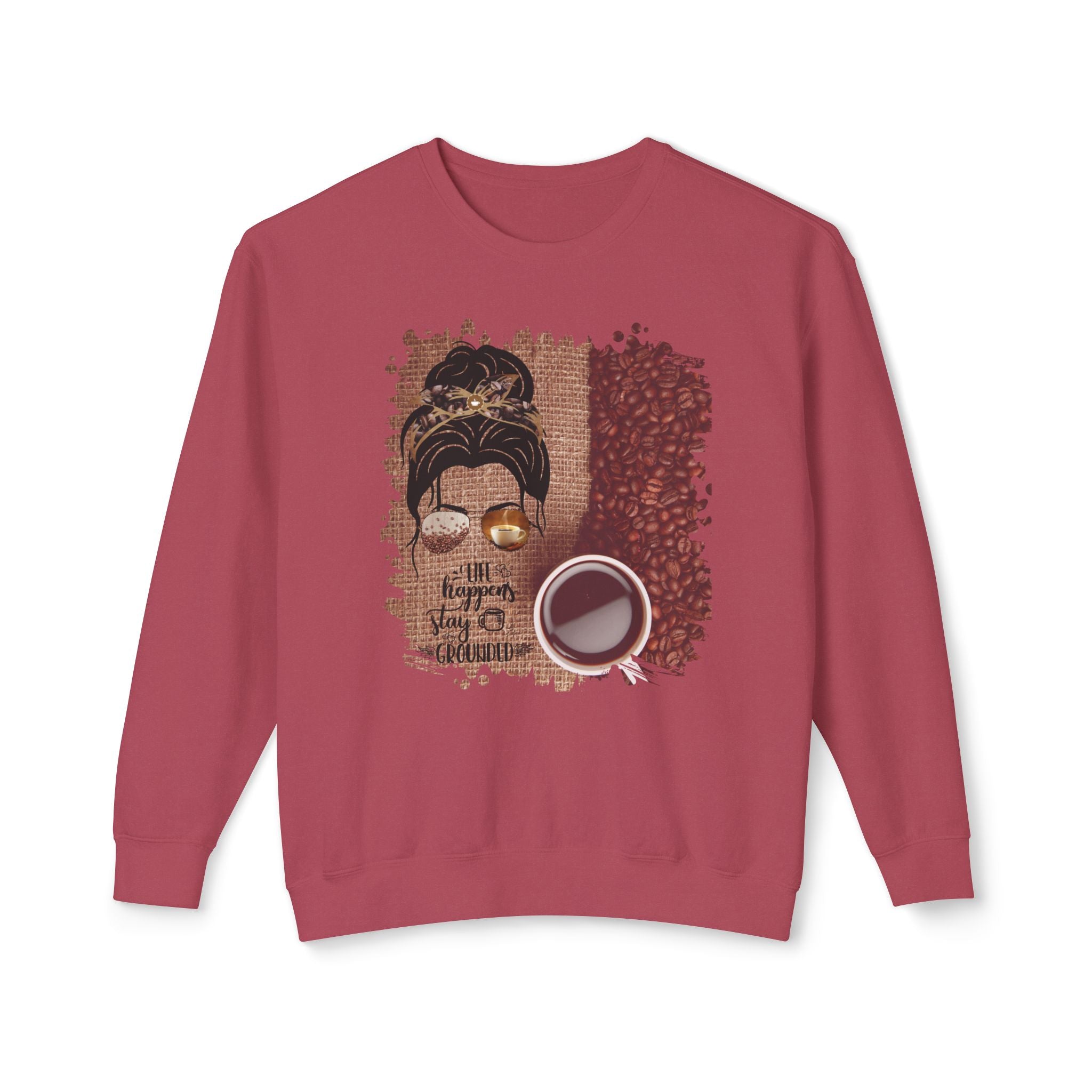 Stay Grounded, Coffee Beans Bag, Dark Hair Messy Bun, Unisex Lightweight Crewneck Sweatshirt