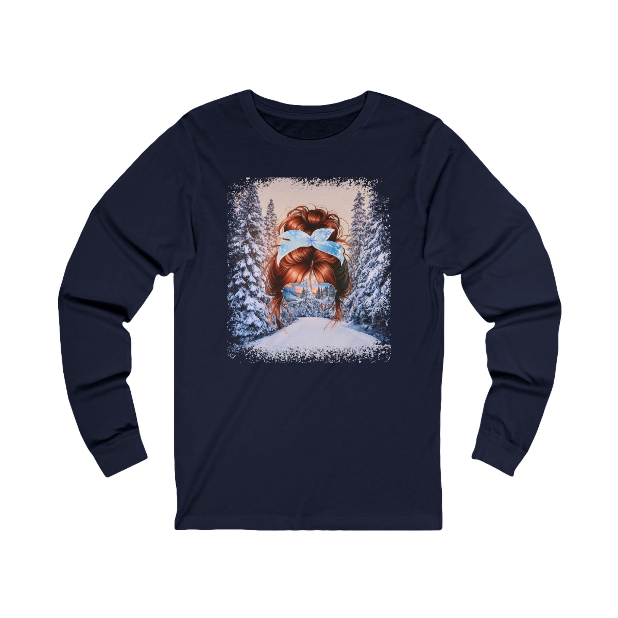 Winter Trail, Red Hair Messy Bun, Unisex Jersey Long Sleeve Tee