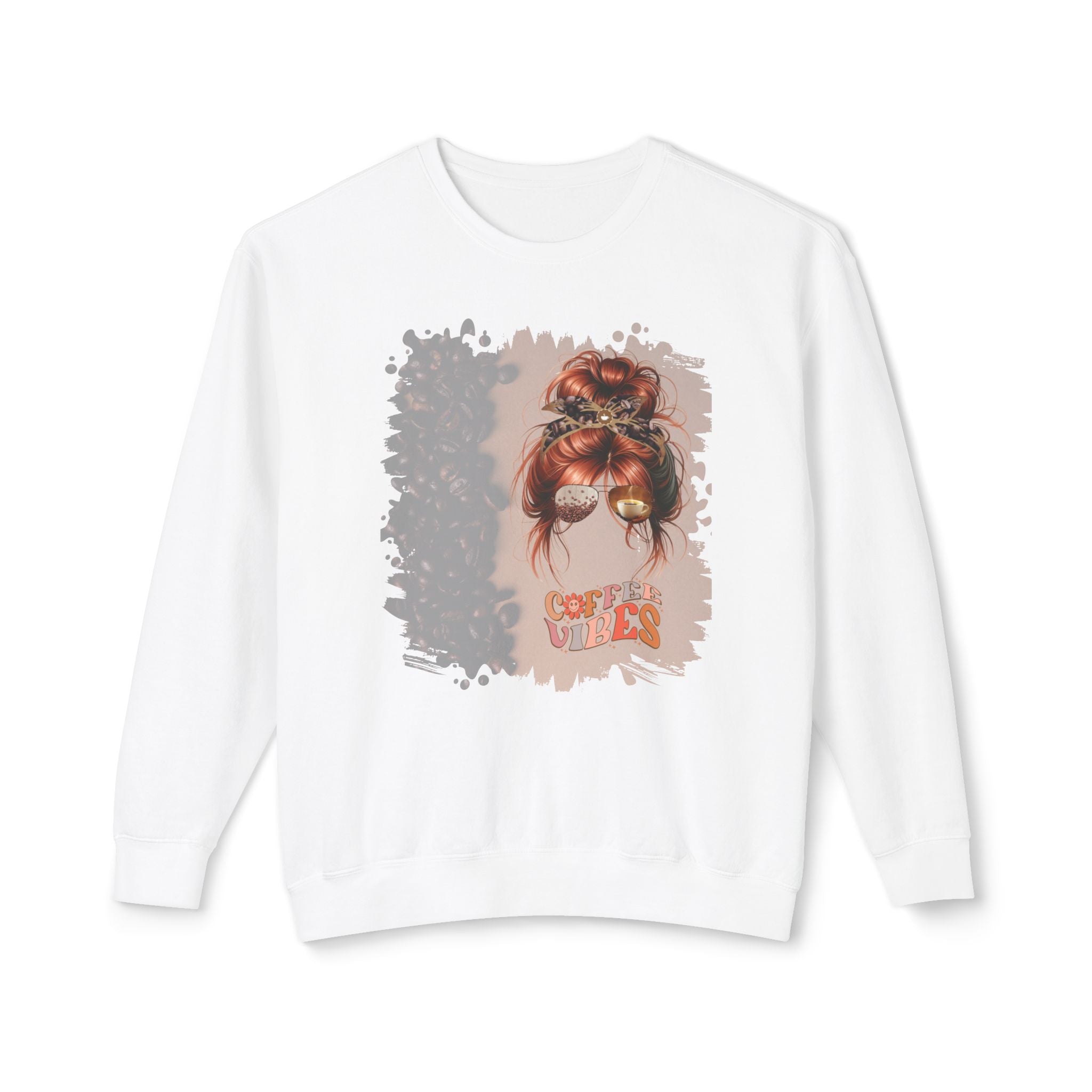 Coffee Vibes, Coffee Beans Shade, Red Hair Messy Bun, Unisex Lightweight Crewneck Sweatshirt