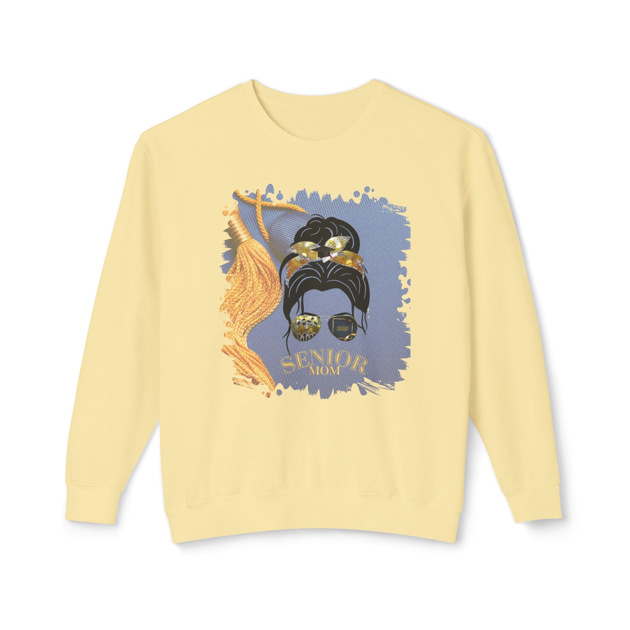 Senior Mom, Graduation Cap, Dark Hair Messy Bun, Unisex Lightweight Crewneck Sweatshirt