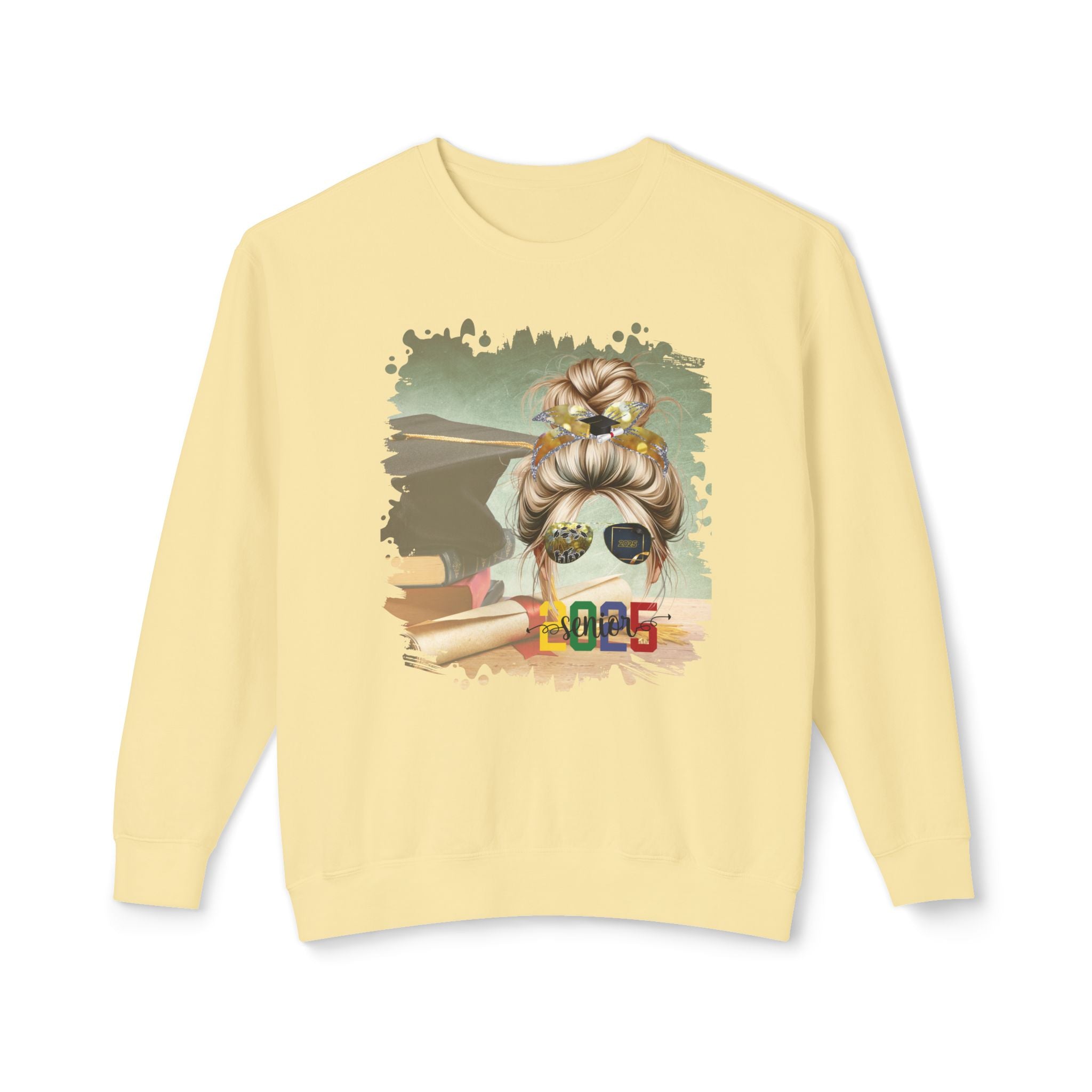 Senior 2025 Colorful, Cap & Degree/Diploma, Blond Hair Messy Bun, Unisex Lightweight Crewneck Sweatshirt