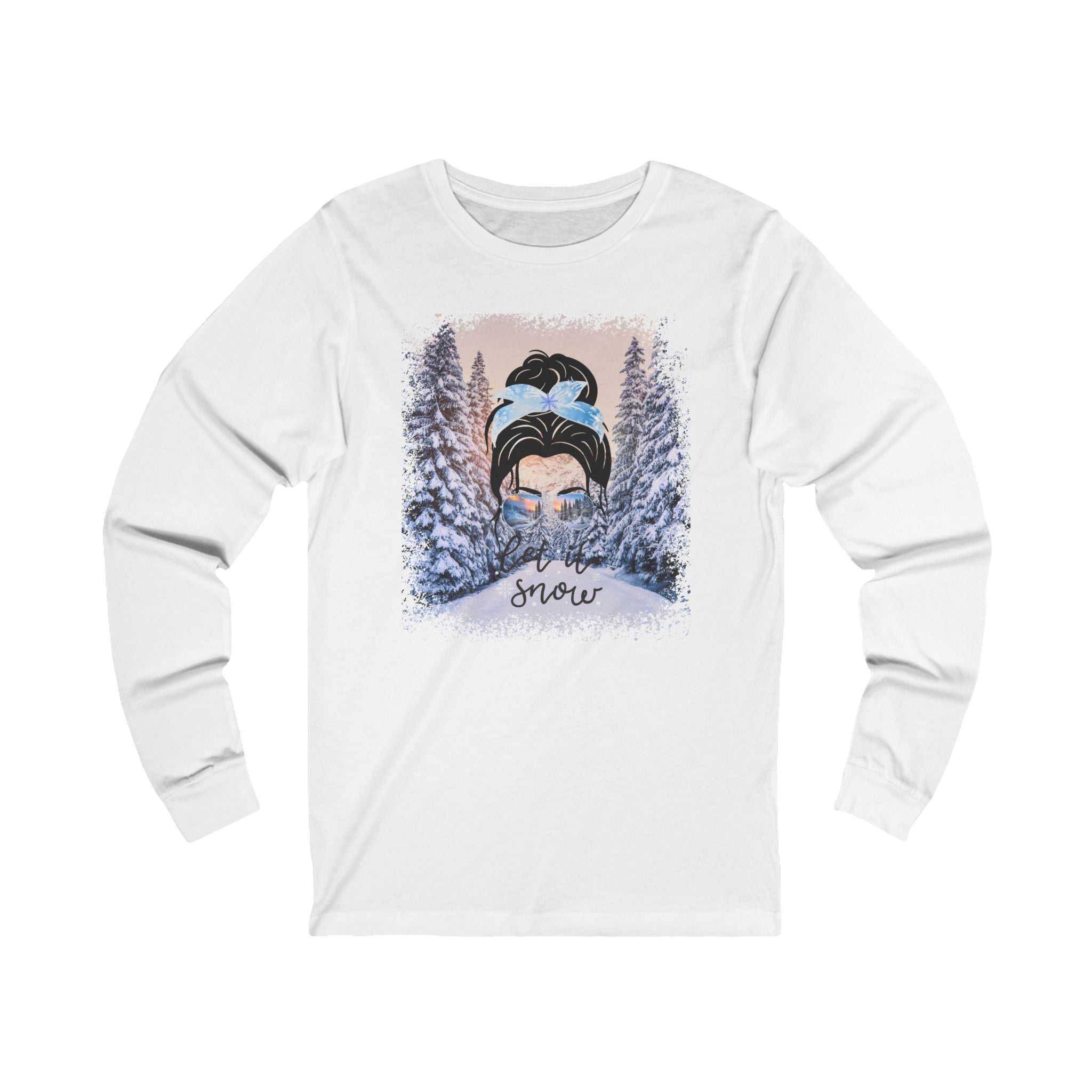 Let it Snow Winter Trail, Dark Hair Messy Bun, Unisex Jersey Long Sleeve Tee