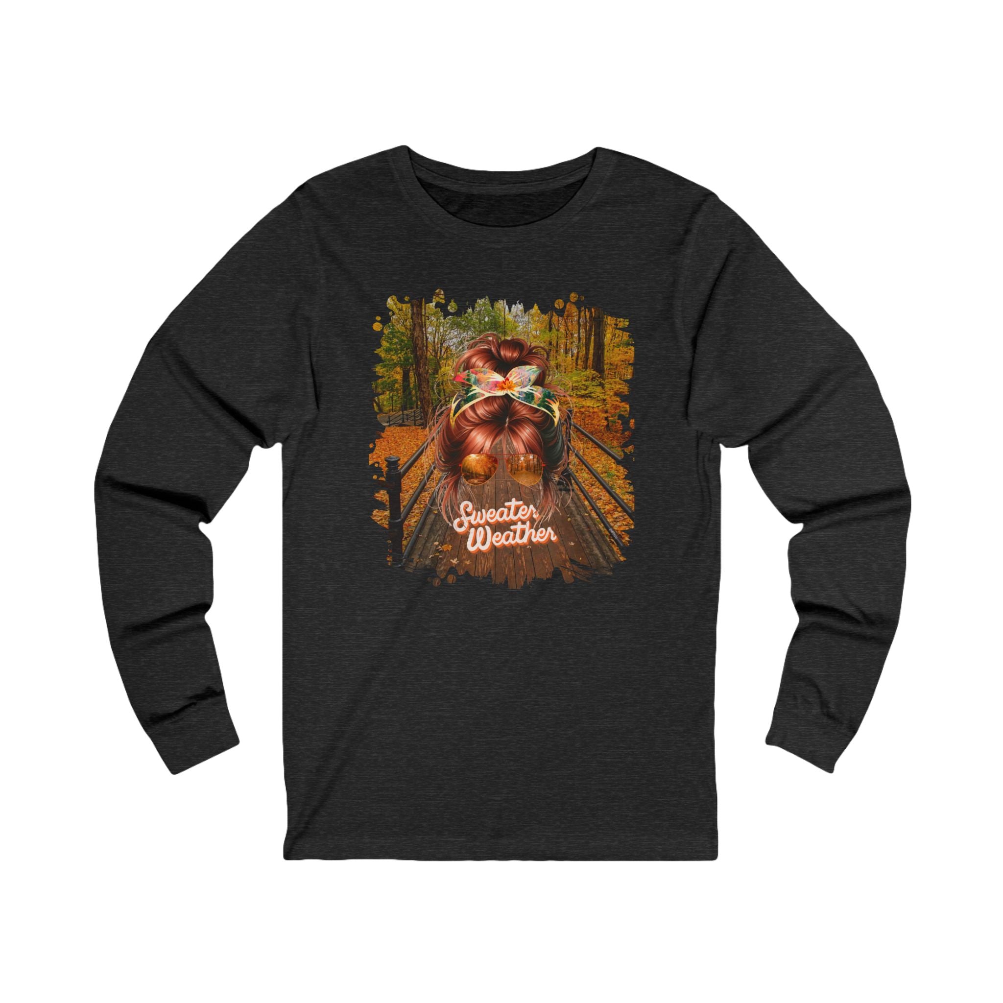 Sweater Weather Fall Hike, Red Hair Messy Bun, Unisex Jersey Long Sleeve Tee