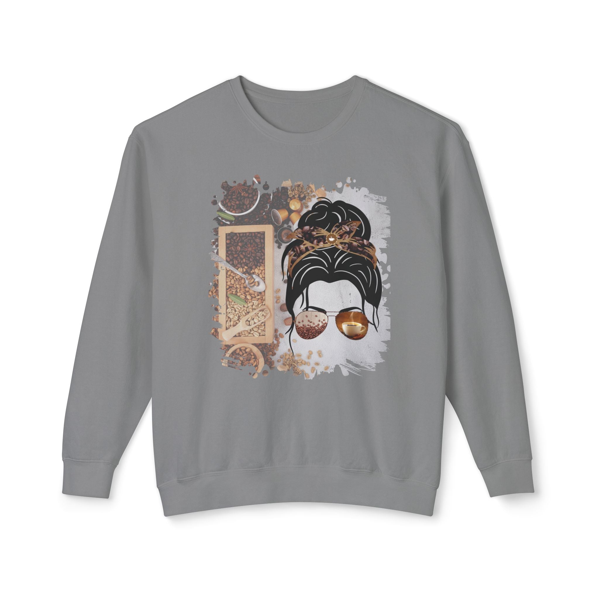Coffee Beans Variety, Dark Hair Messy Bun, Unisex Lightweight Crewneck Sweatshirt