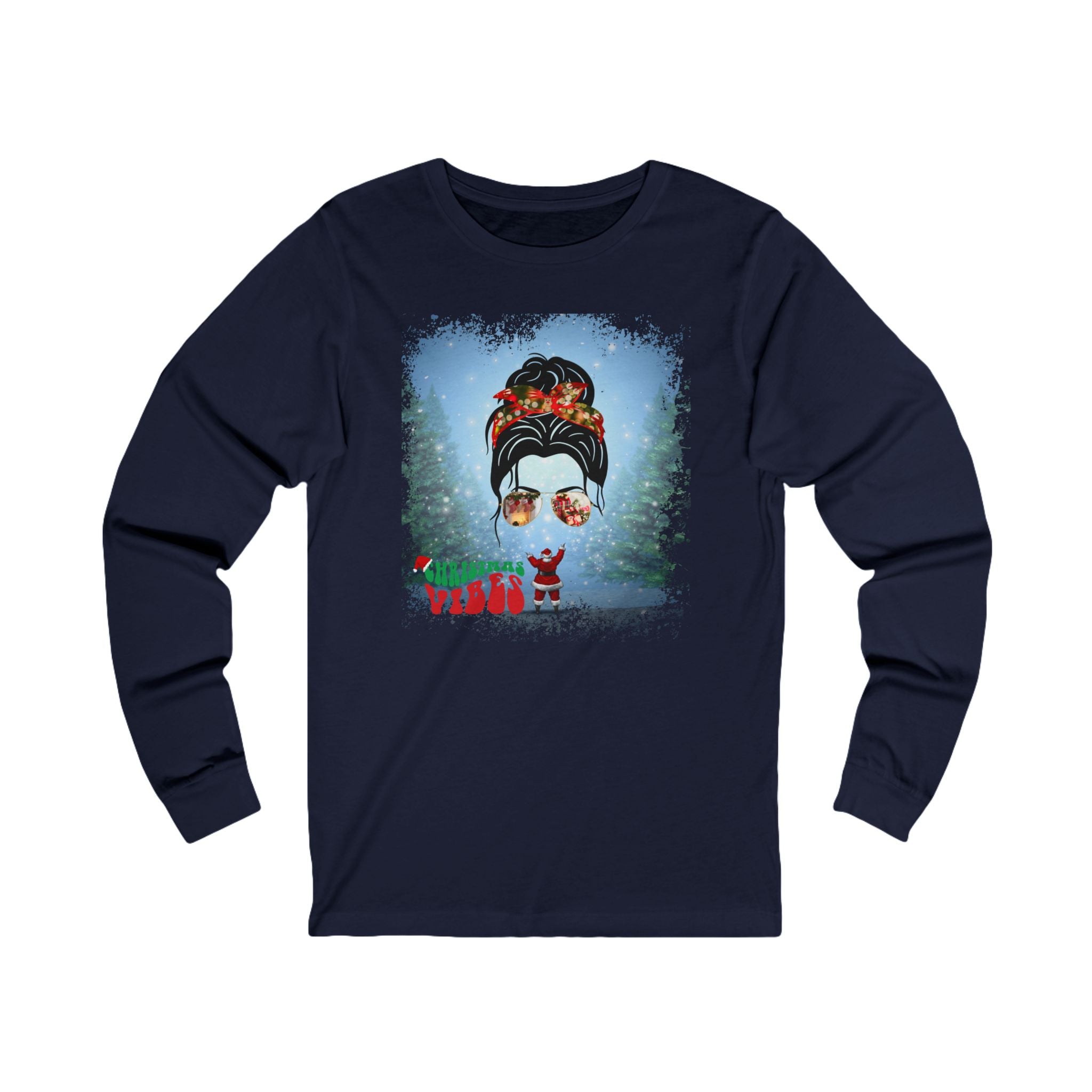 Christmas Vibes Santa, Dark Hair Messy Bun, Unisex Jersey Long Sleeve Tee