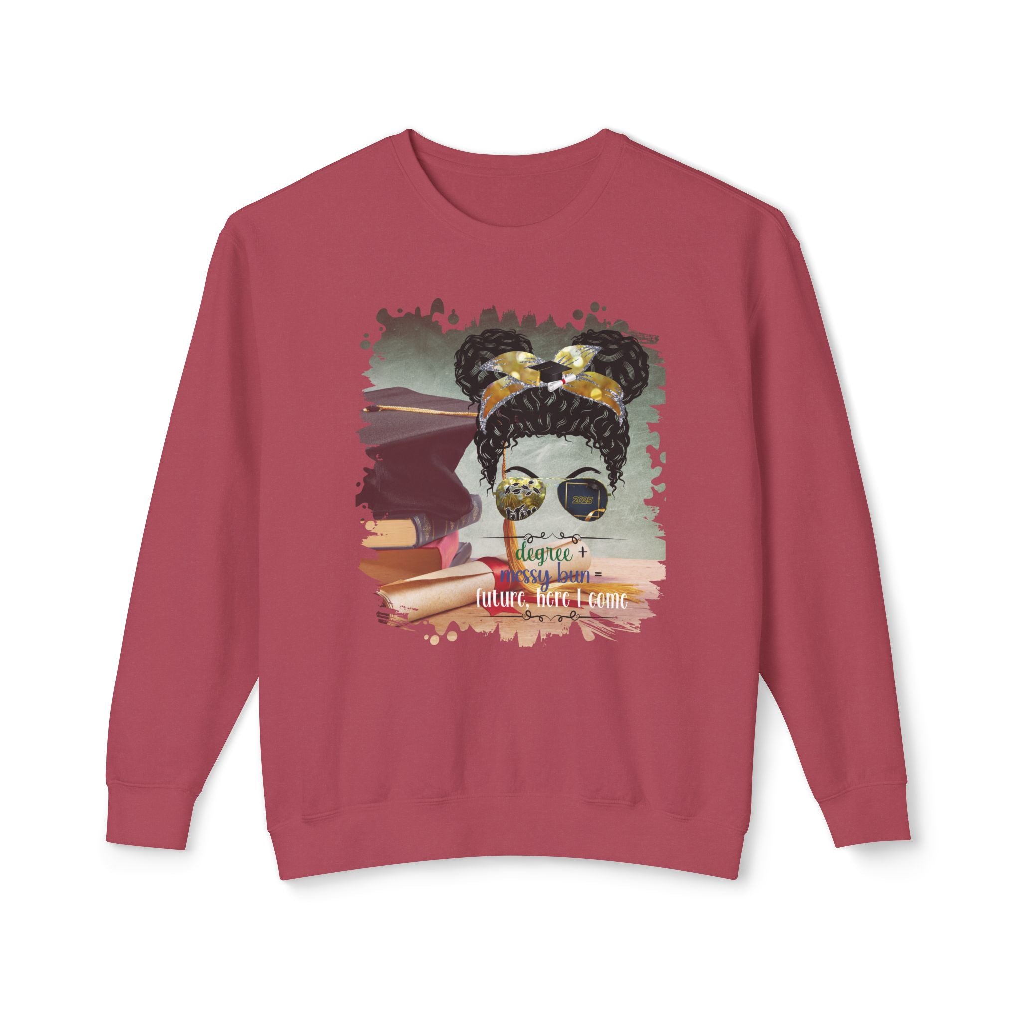 Degree + Messy Bun, Cap & Degree/Diploma, Black Hair Messy Bun, Unisex Lightweight Crewneck Sweatshirt