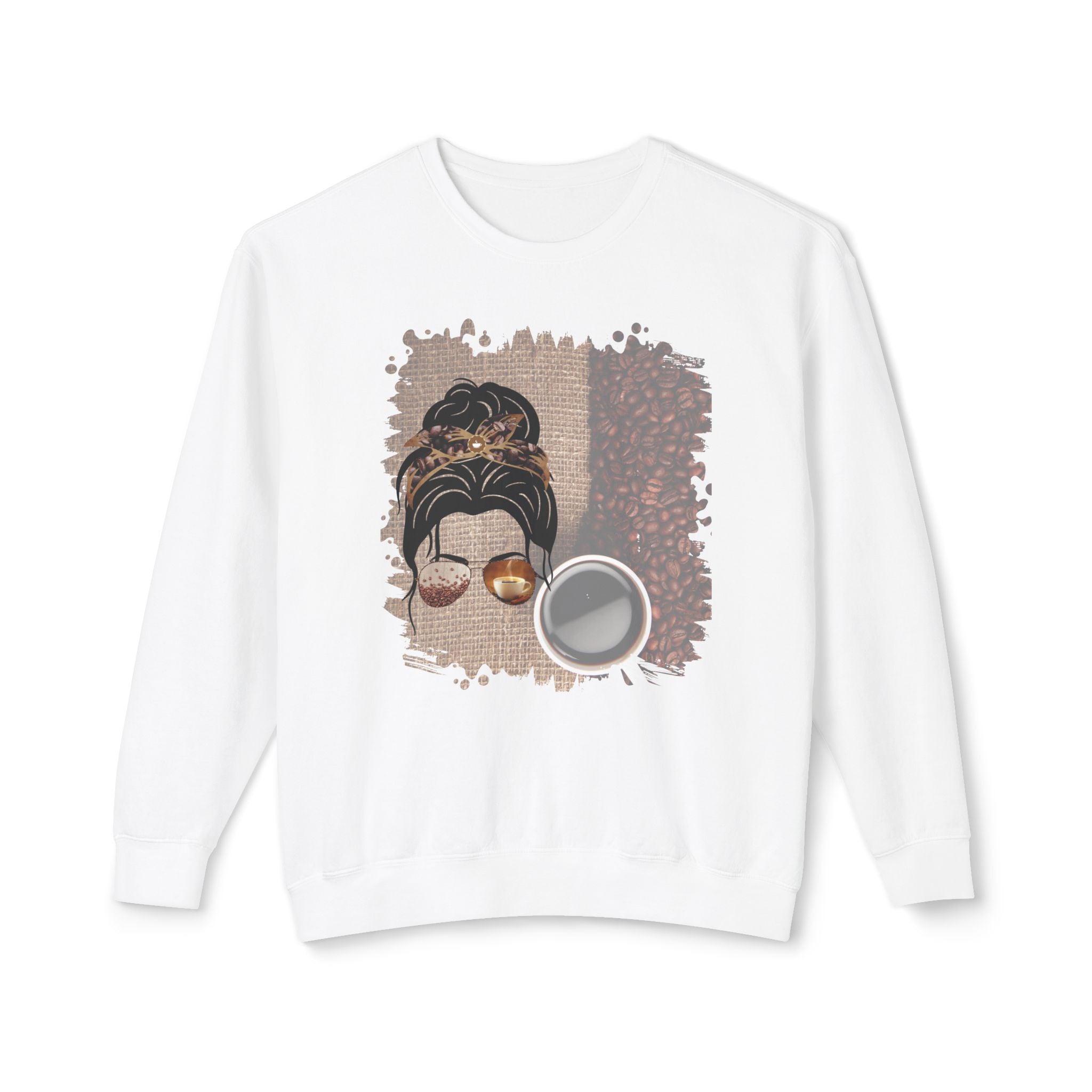 Coffee Beans Bag, Dark Hair Messy Bun, Unisex Lightweight Crewneck Sweatshirt