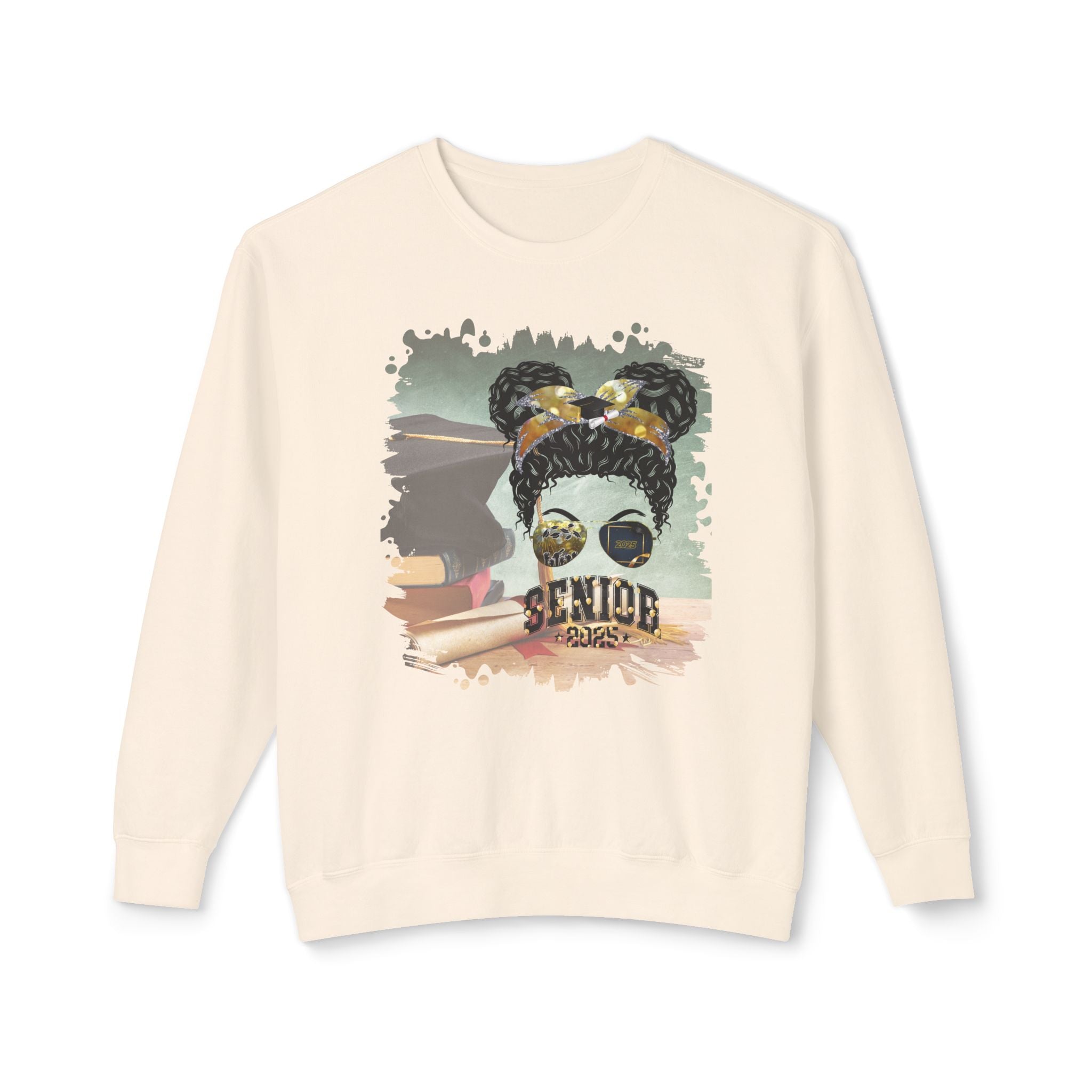 Senior 2025 Balloons, Cap & Degree/Diploma, Black Hair Messy Bun, Unisex Lightweight Crewneck Sweatshirt