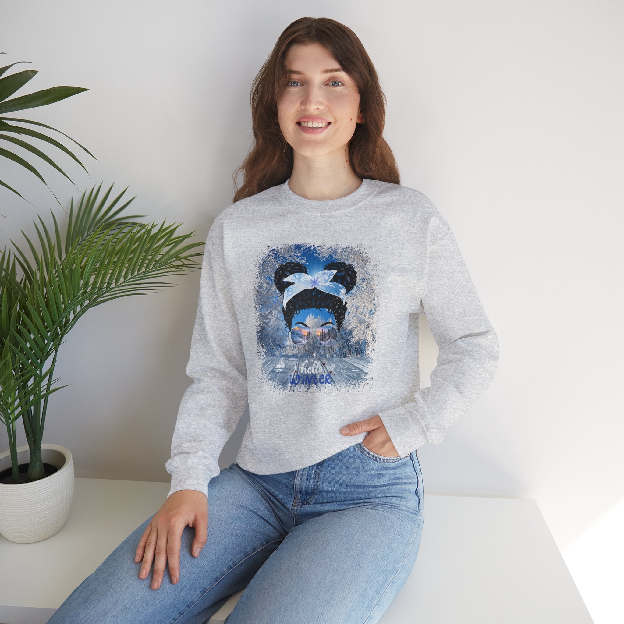 Hello Winter, Winter Porch, Black Hair Messy Bun, Unisex Heavy Blend™ Crewneck Sweatshirt