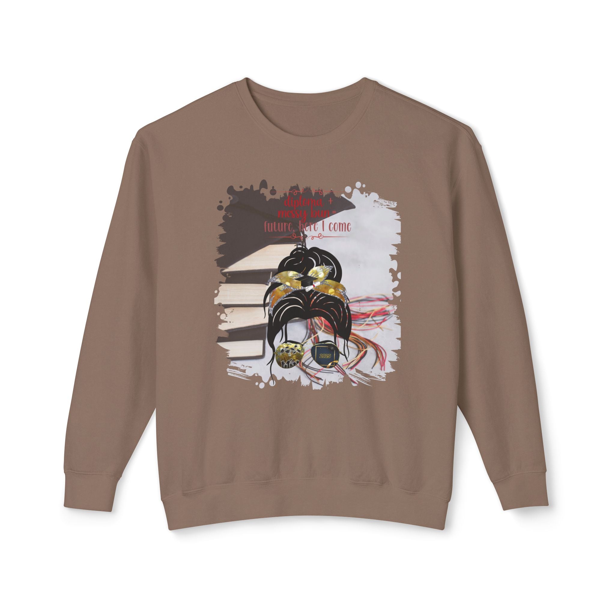 Diploma + Messy Bun, Cap & Books, Dark Hair Messy Bun, Unisex Lightweight Crewneck Sweatshirt