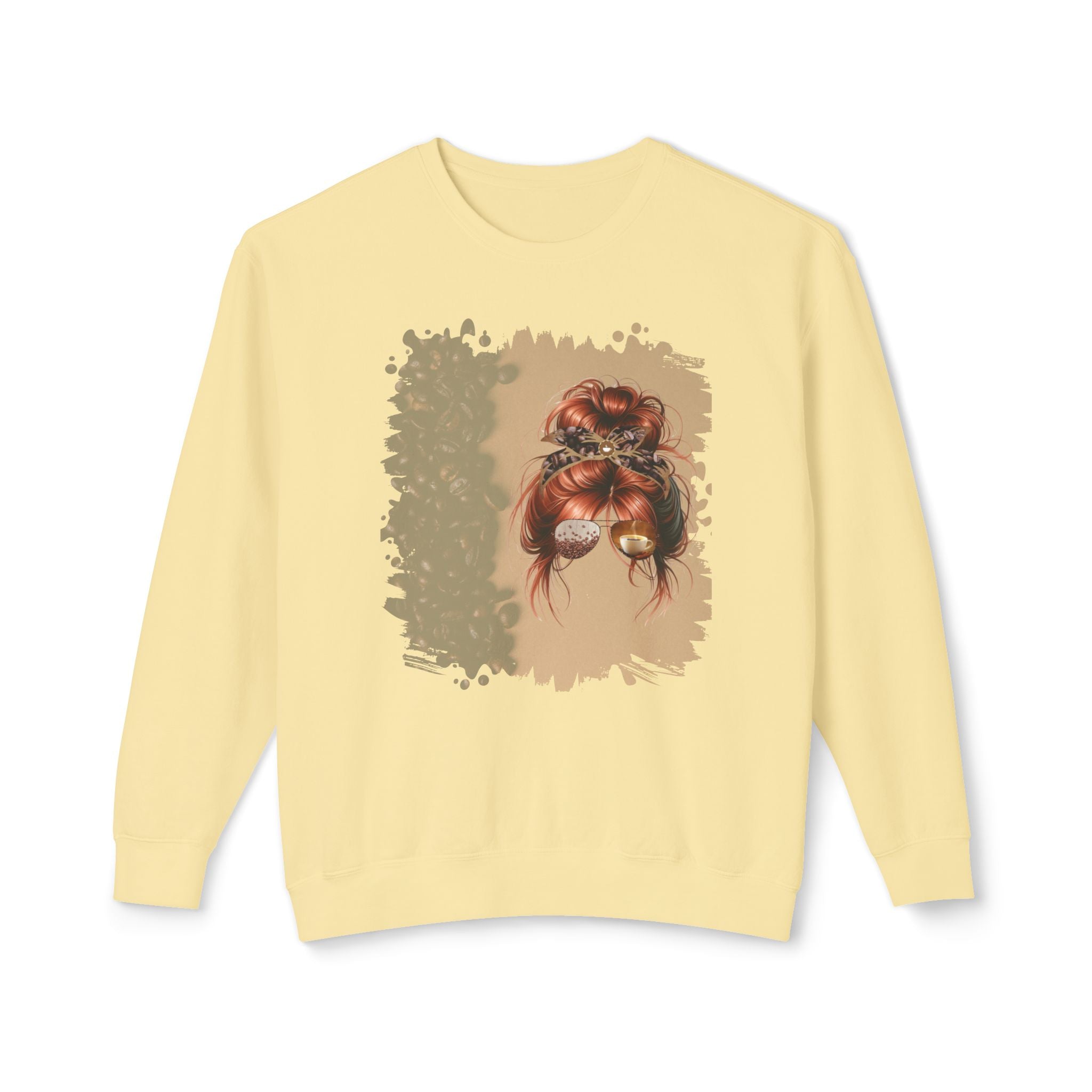 Coffee Beans Shade, Red Hair Messy Bun, Unisex Lightweight Crewneck Sweatshirt