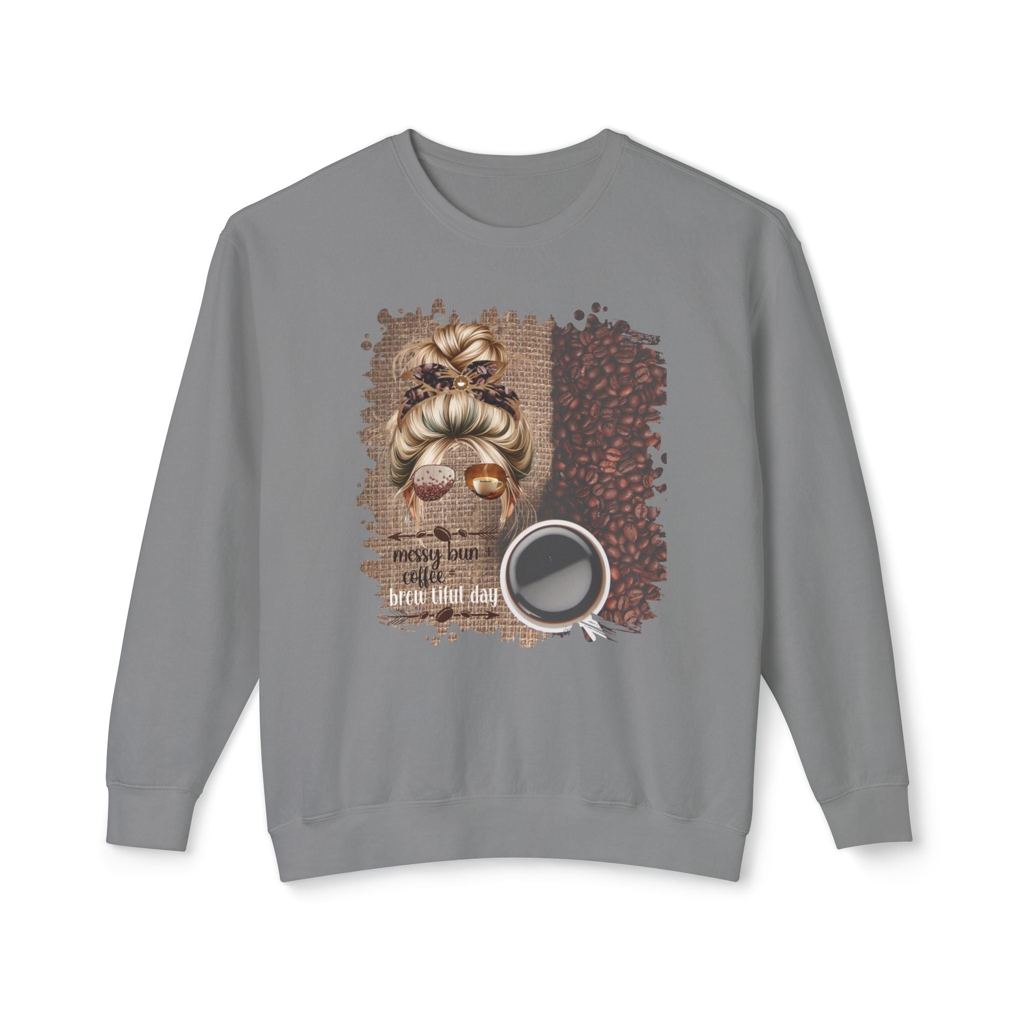 Messy Bun plus Coffee, Coffee Beans Bag, Blond Hair Messy Bun, Unisex Lightweight Crewneck Sweatshirt