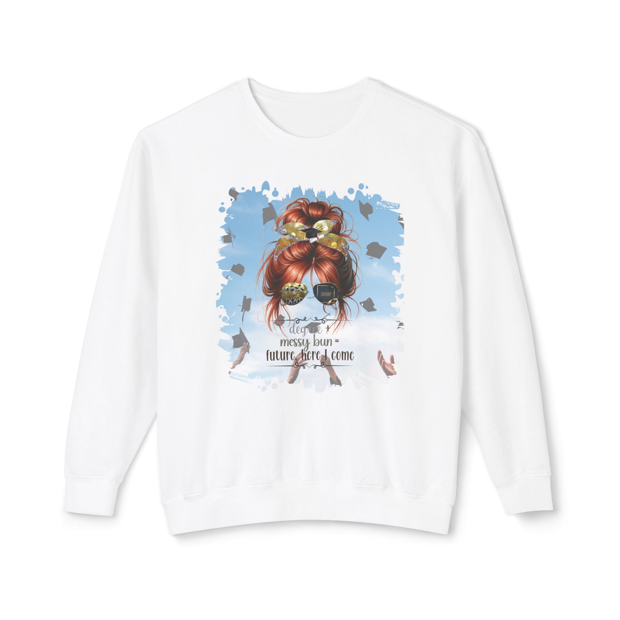 Degree + Messy Bun, Celebration, Red Hair Messy Bun, Unisex Lightweight Crewneck Sweatshirt