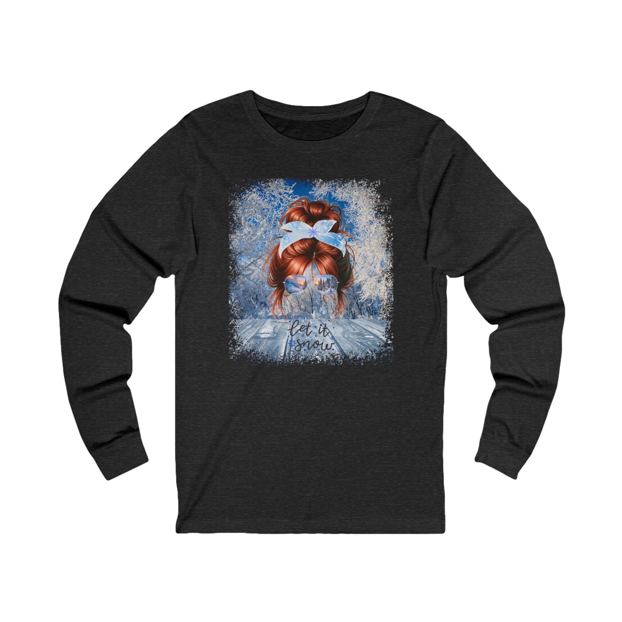 Let it Snow Winter Sunny Porch, Red Hair Messy Bun, Unisex Jersey Long Sleeve Tee