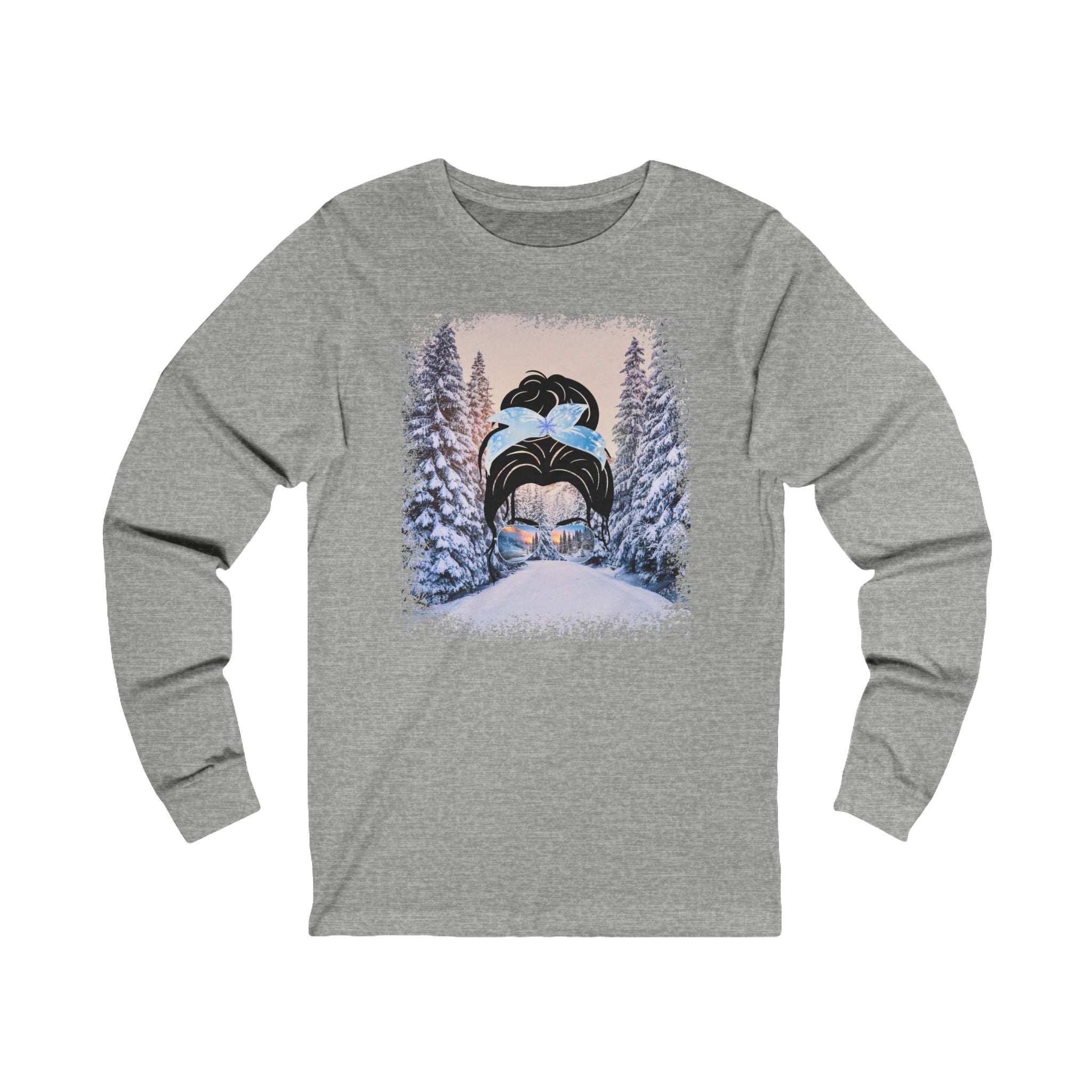 Winter Trail, Dark Hair Messy Bun, Unisex Jersey Long Sleeve Tee