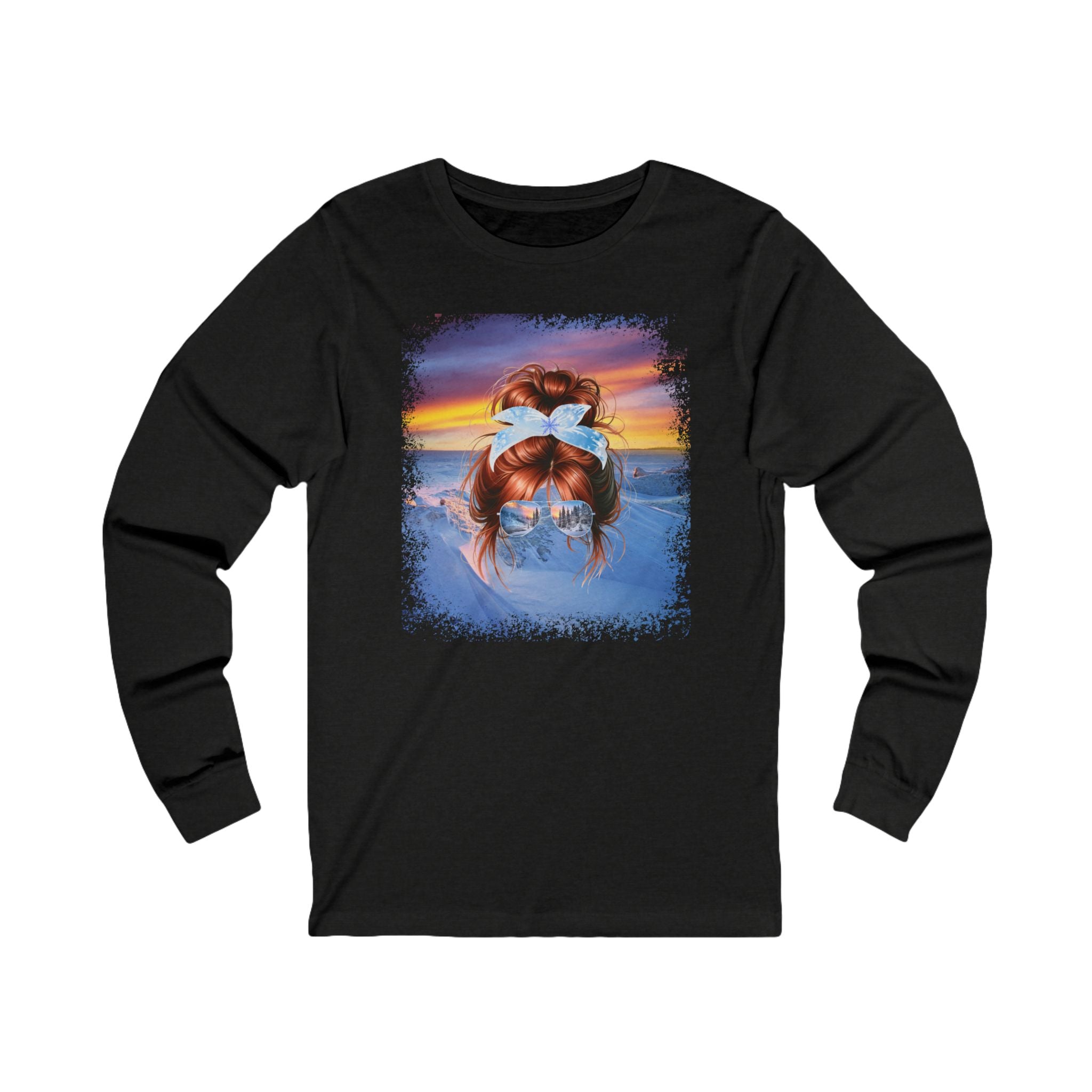 Winter Mountain, Red Hair Messy Bun, Unisex Jersey Long Sleeve Tee