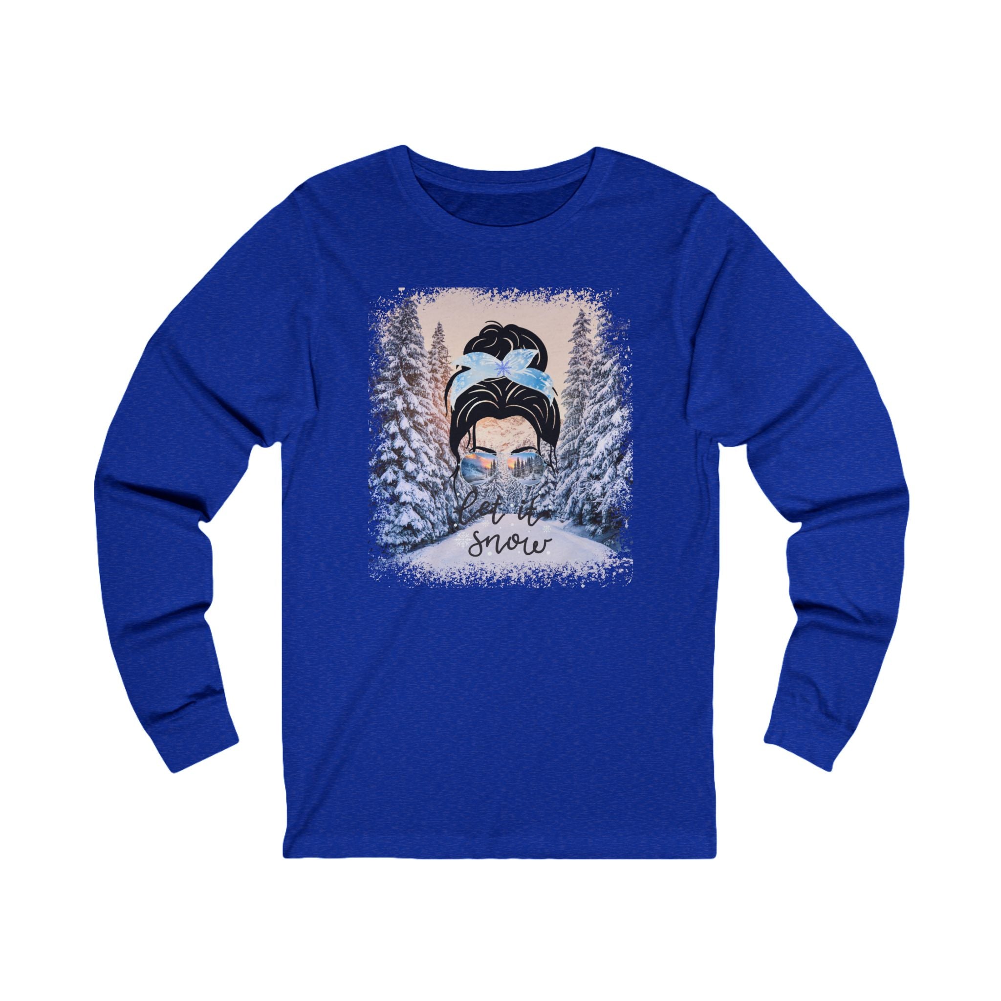 Let it Snow Winter Trail, Dark Hair Messy Bun, Unisex Jersey Long Sleeve Tee