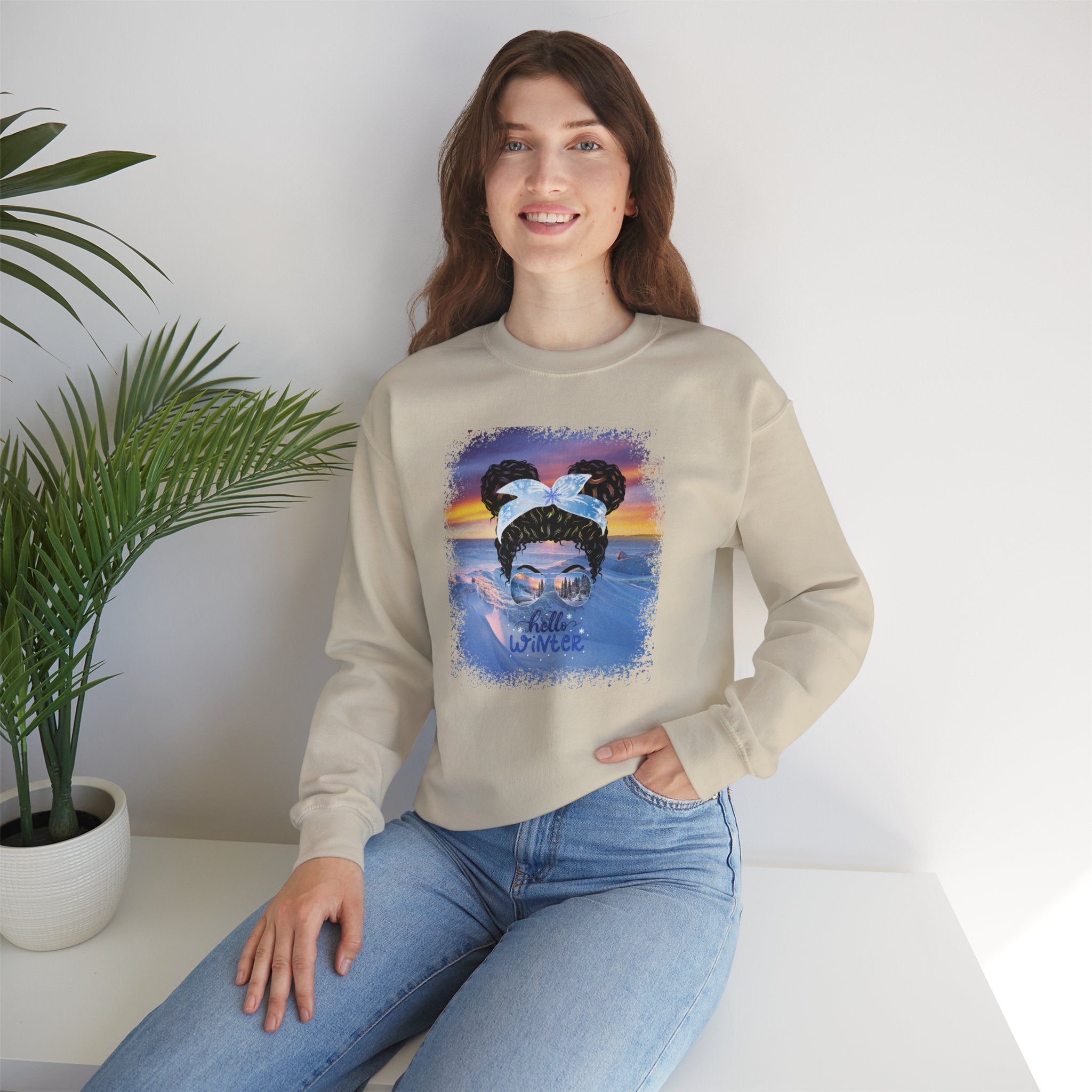 Hello Winter, Winter Mountain, Black Hair Messy Bun, Unisex Heavy Blend™ Crewneck Sweatshirt