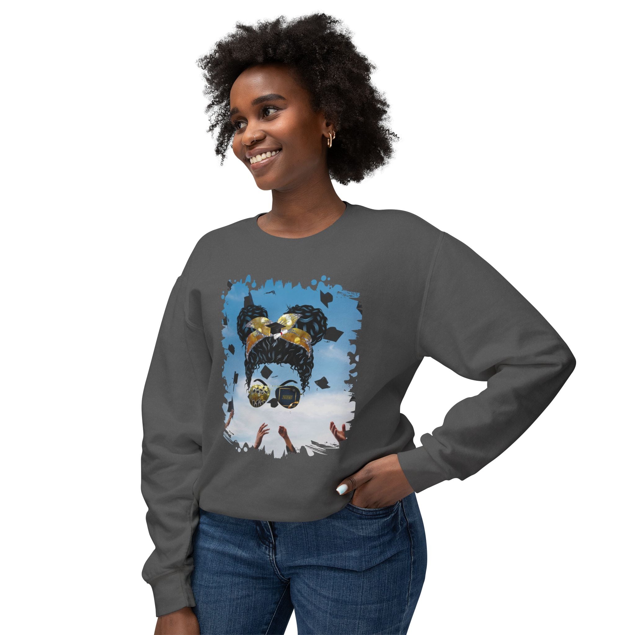 Celebration, Black Hair Messy Bun, Unisex Lightweight Crewneck Sweatshirt