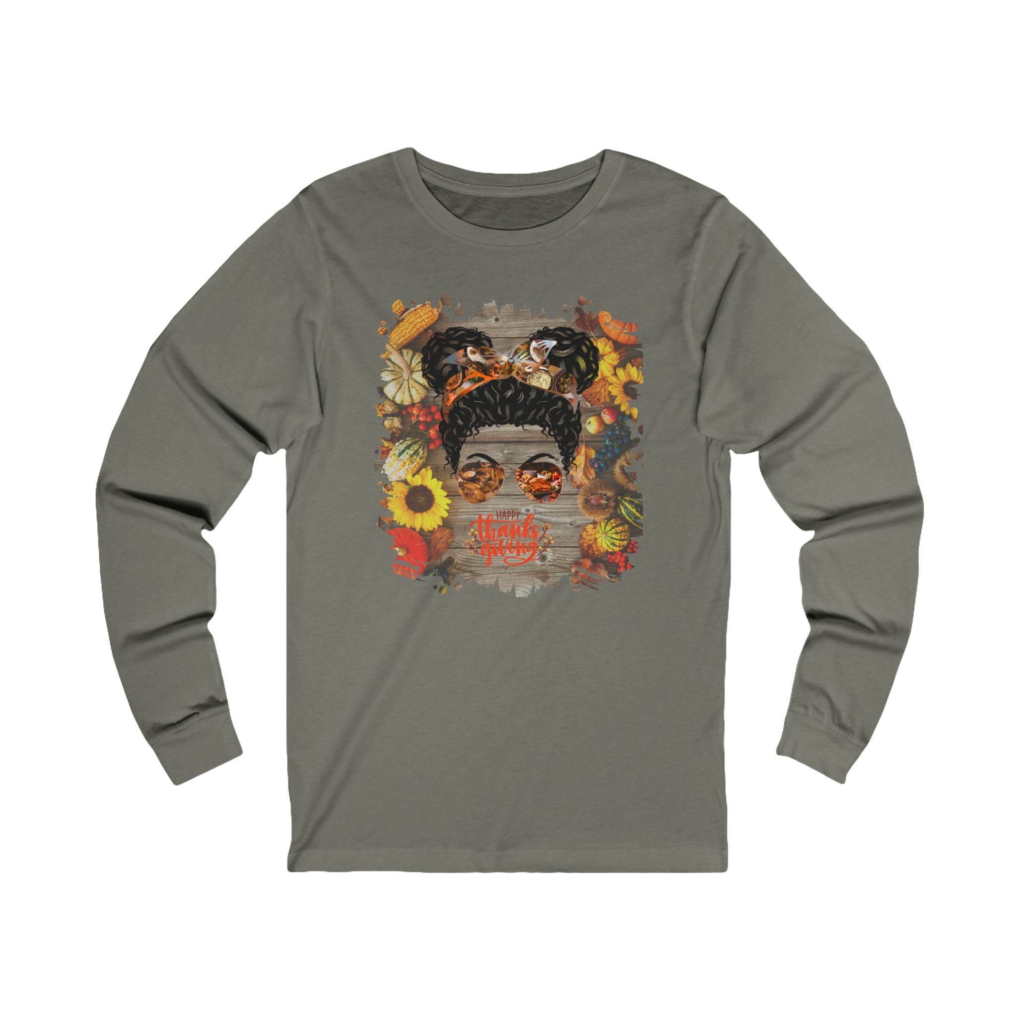 Happy Thanksgiving Decorated Background, Black Hair Messy Bun, Unisex Jersey Long Sleeve Tee