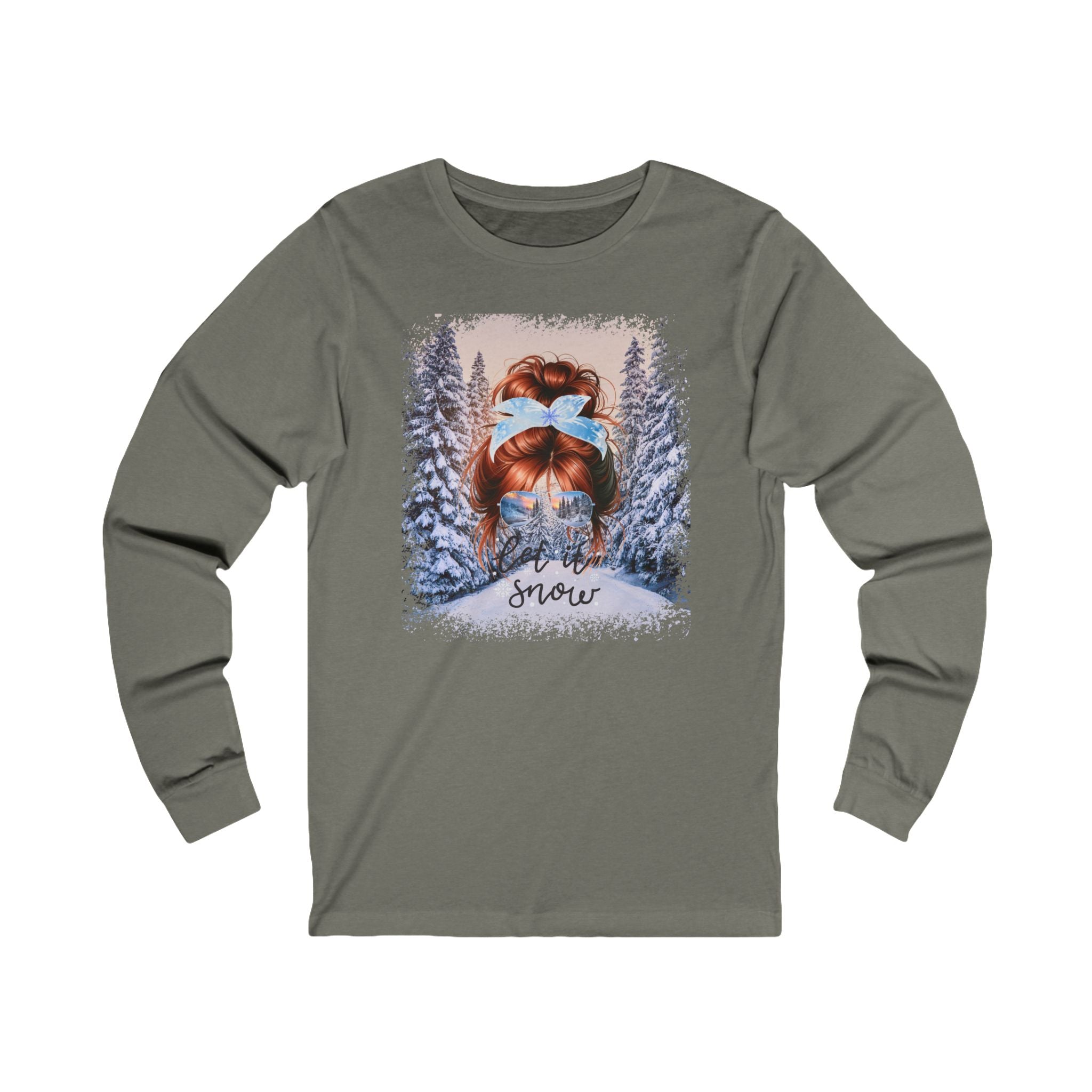 Let it Snow Winter Trail, Red Hair Messy Bun, Unisex Jersey Long Sleeve Tee