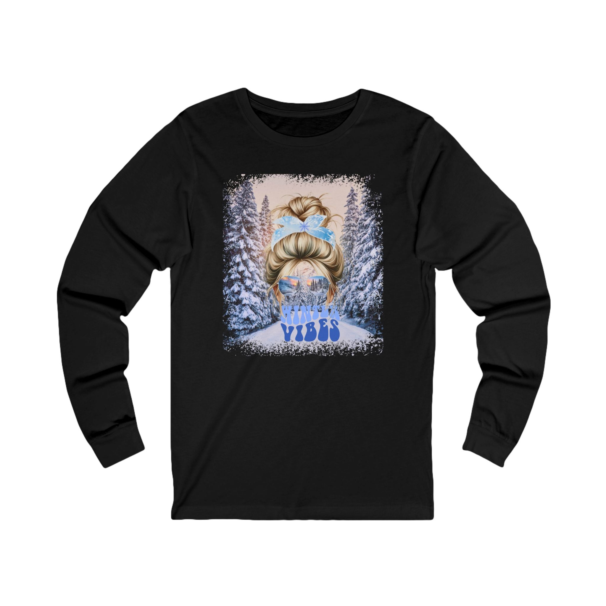 Winter Vibes Winter Trail, Blond Hair Messy Bun, Unisex Jersey Long Sleeve Tee