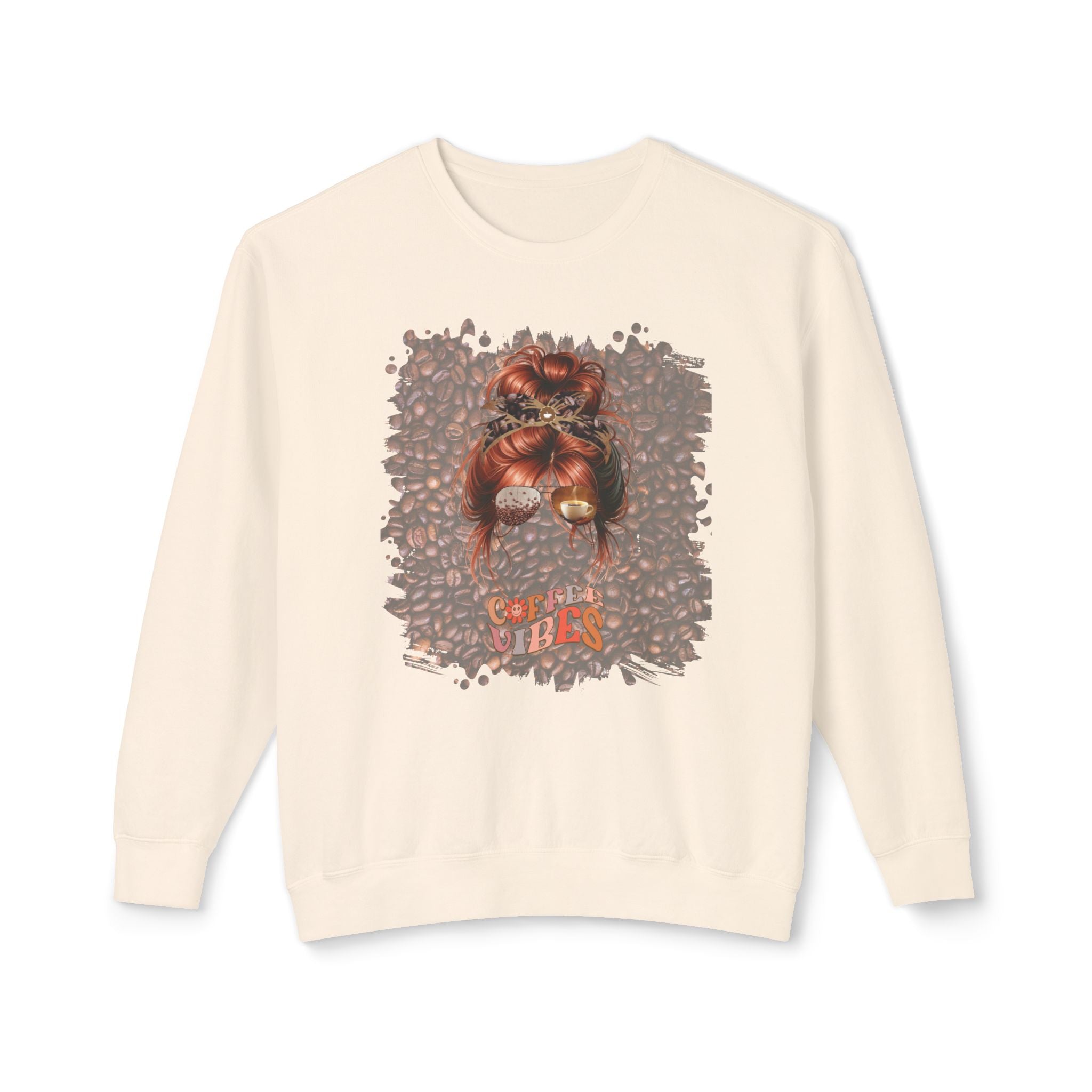 Coffee Vibes, Coffee Beans, Red Hair Messy Bun, Unisex Lightweight Crewneck Sweatshirt