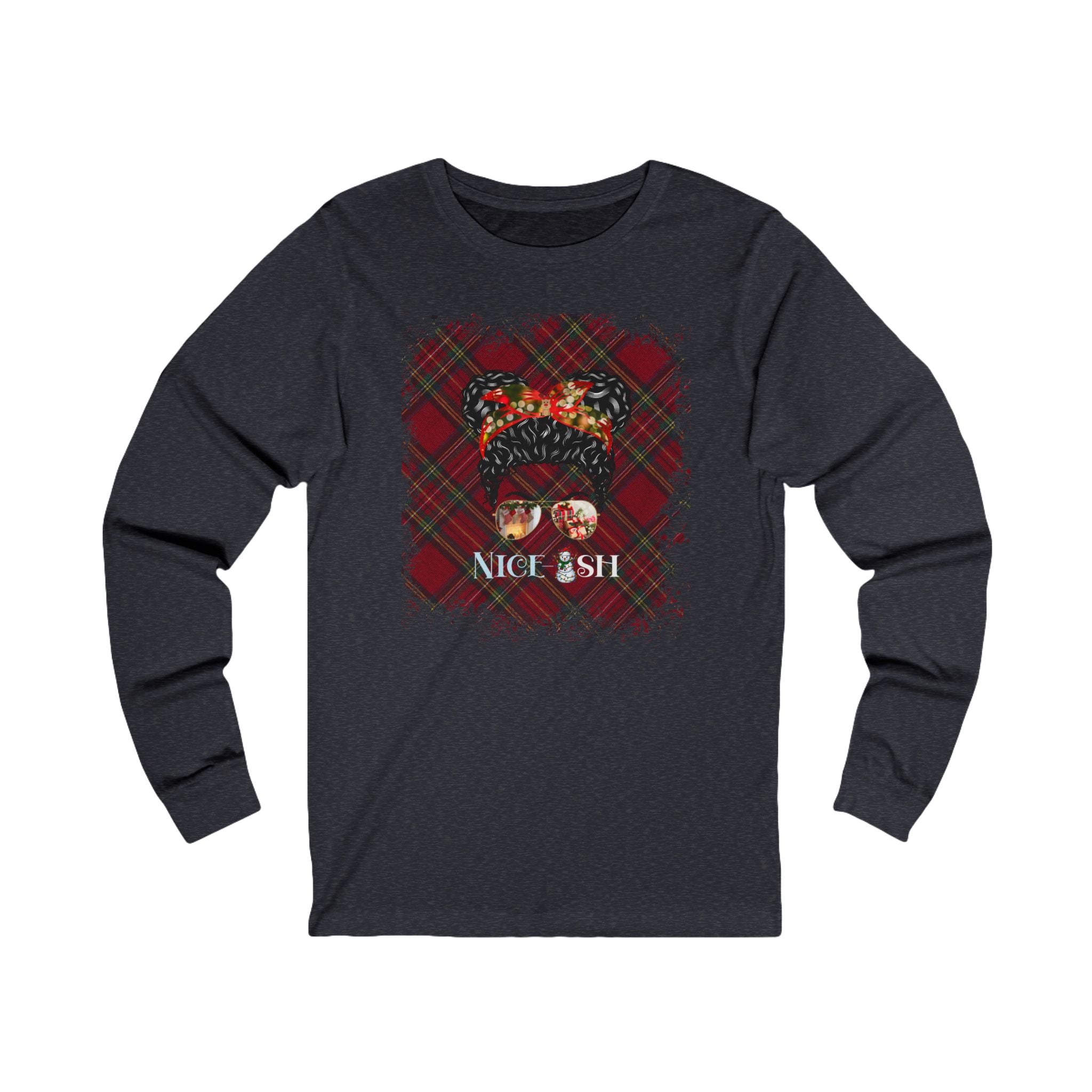 Nice-ish Christmas Plaid, Black Hair Messy Bun, Unisex Jersey Long Sleeve Tee